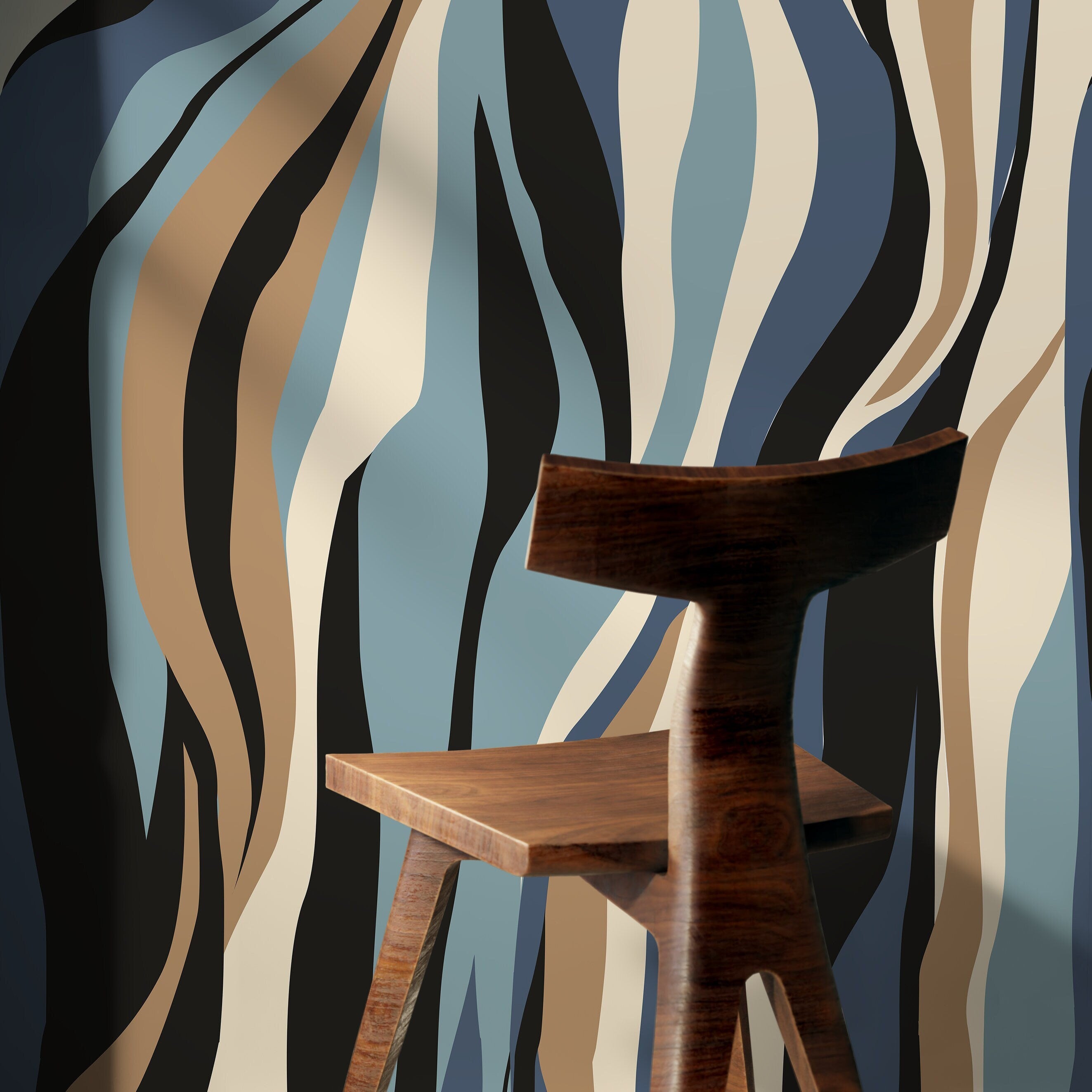 Abstract Wallpaper With Flowing Vertical Waves In Blue, Tan, And Black - D614