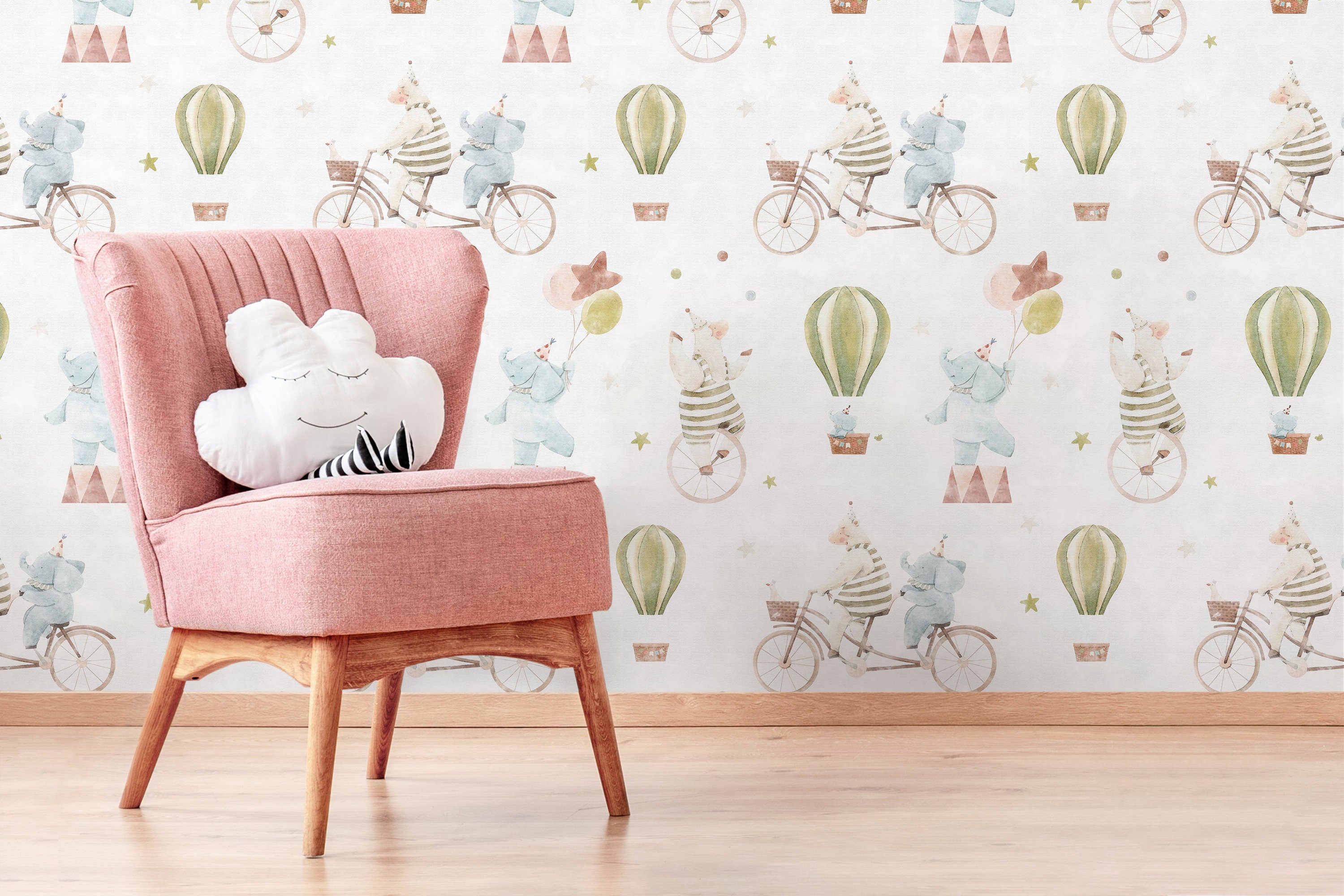 Circus Wallpaper With Watercolor Animals In Blue, Green, And Pink - D531