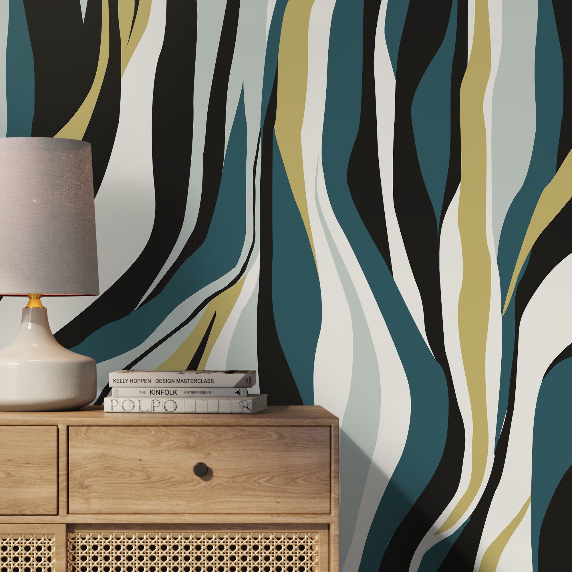 Abstract Wallpaper With Flowing Organic Stripes In Teal, Yellow, And Black - D615