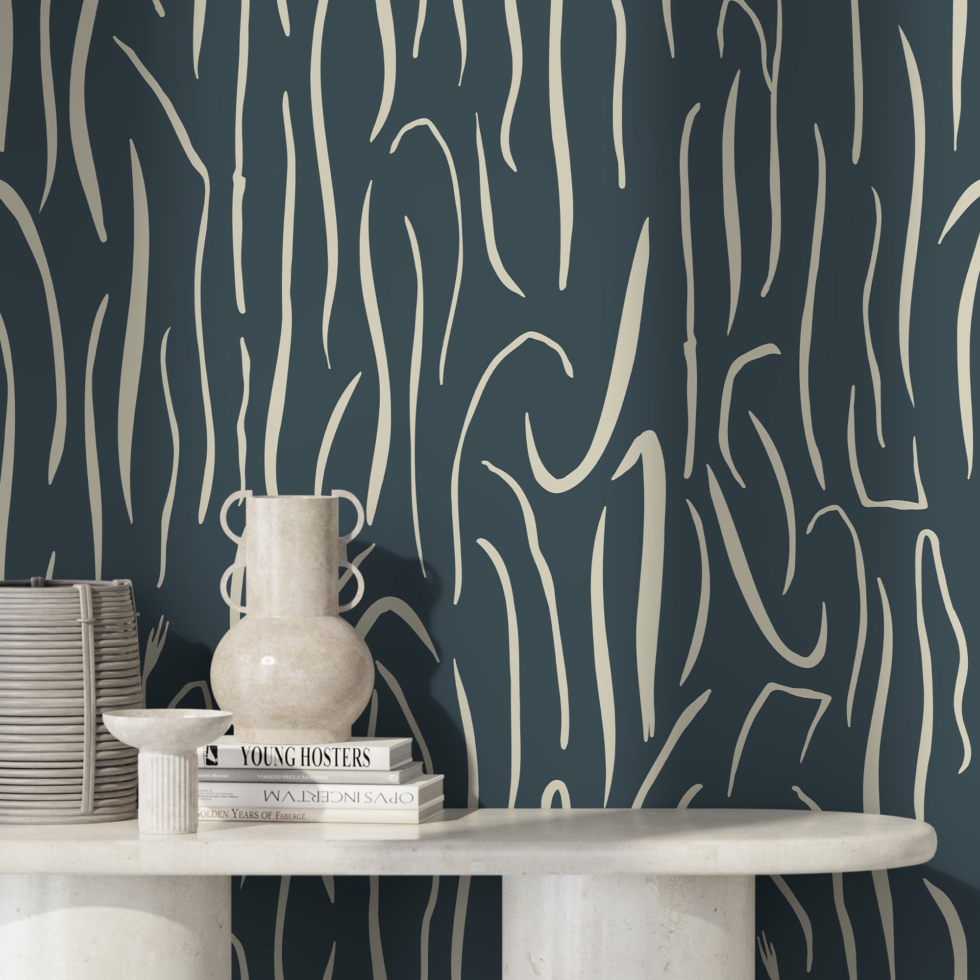 Abstract Wallpaper With Organic Wavy Lines In Dark Green And Cream - D618