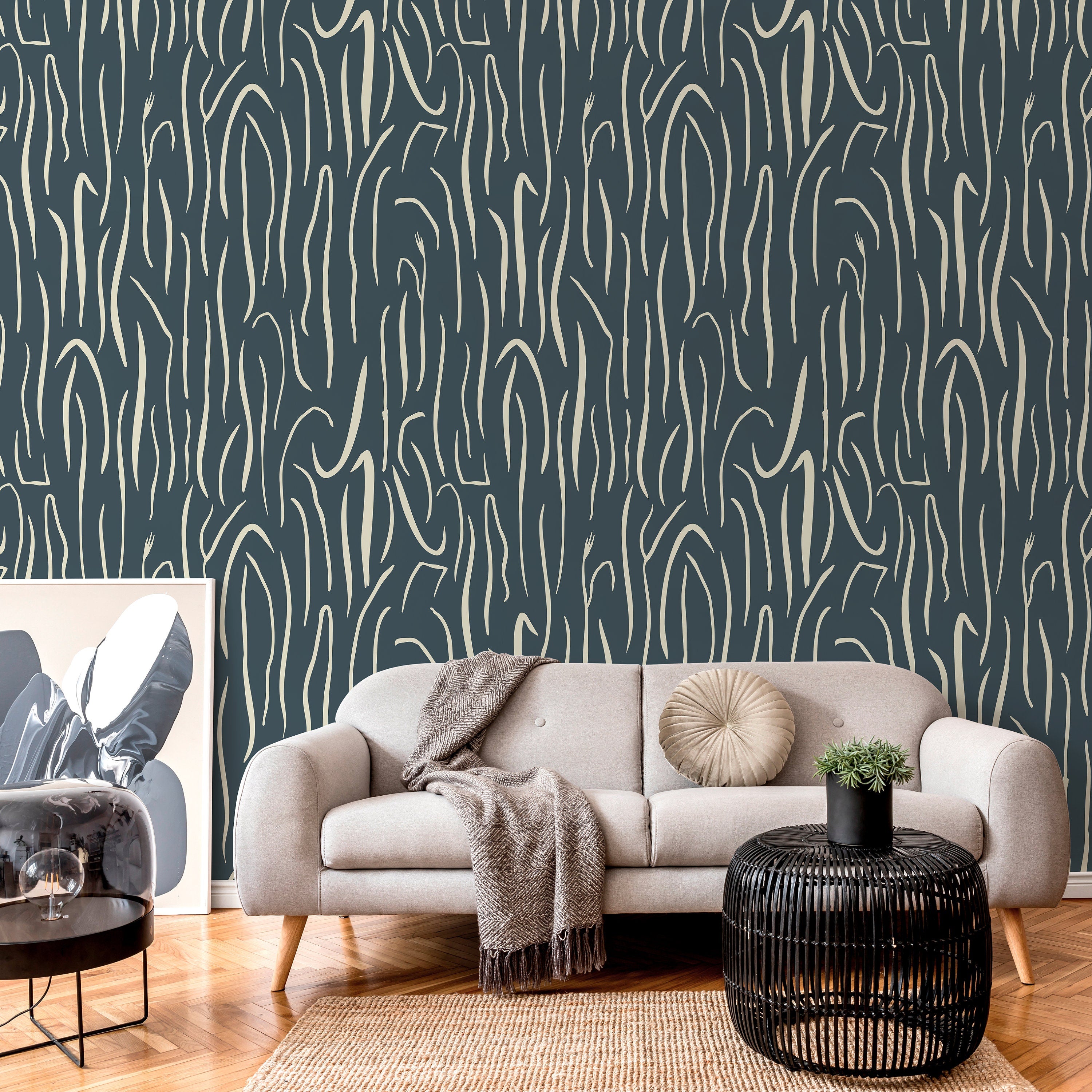 Abstract Wallpaper With Organic Wavy Lines In Dark Green And Cream - D618