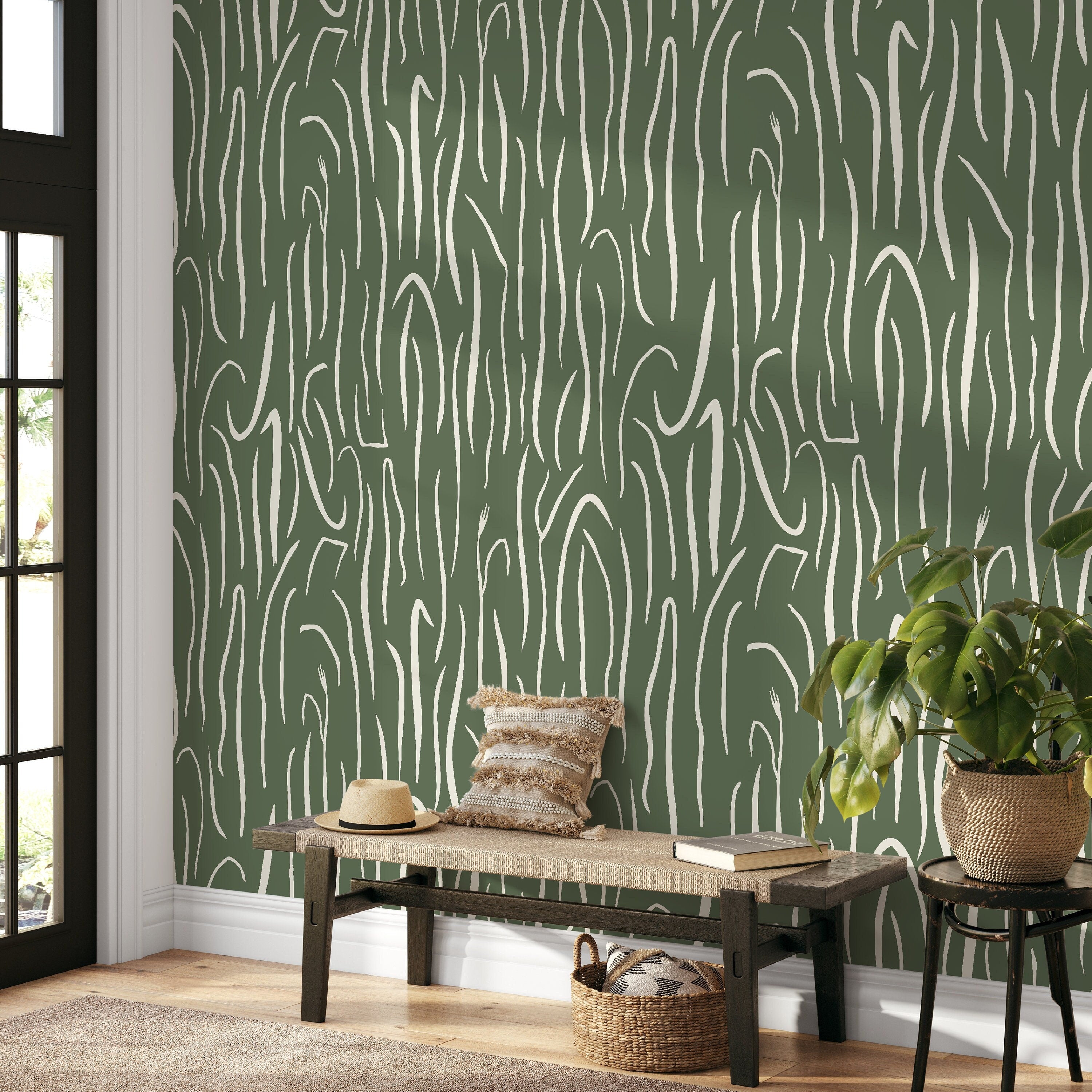 Abstract Wallpaper With Organic Wavy Lines In Green And Off-white - D619