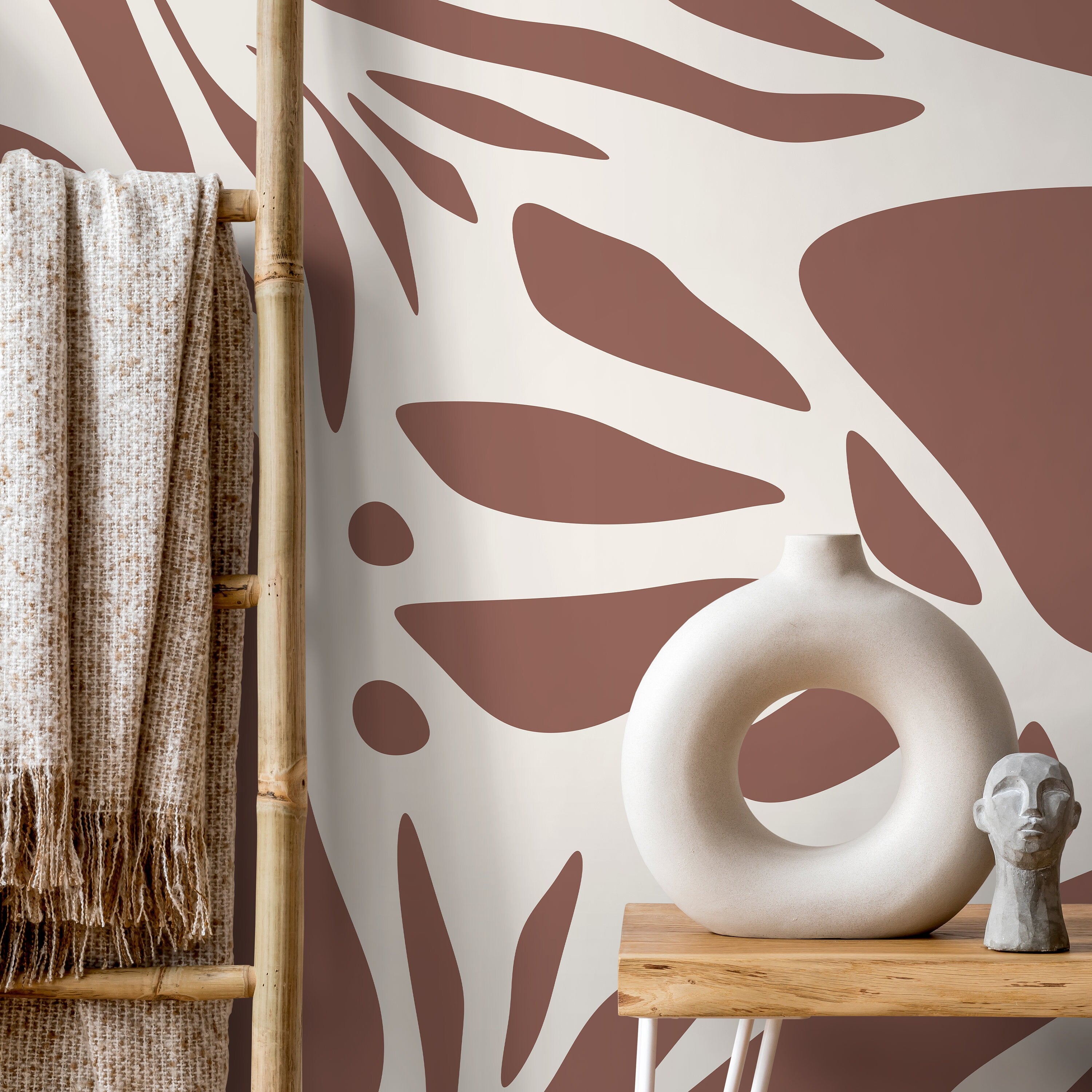 Abstract Wallpaper With Organic Cut-out Shapes In Brown And Cream - D622