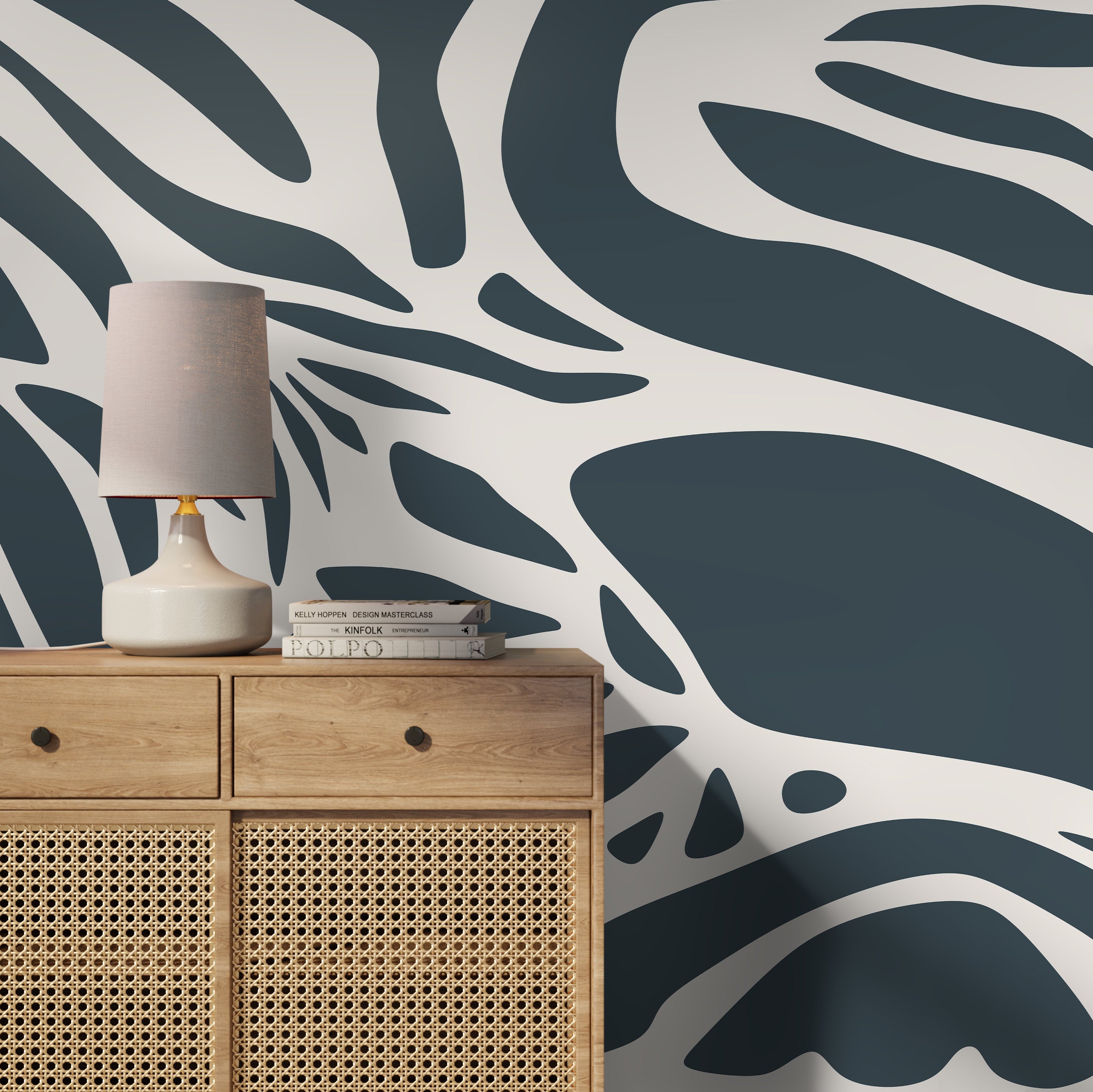 Abstract Wallpaper With Organic Cut-out Shapes In Dark Blue - D623