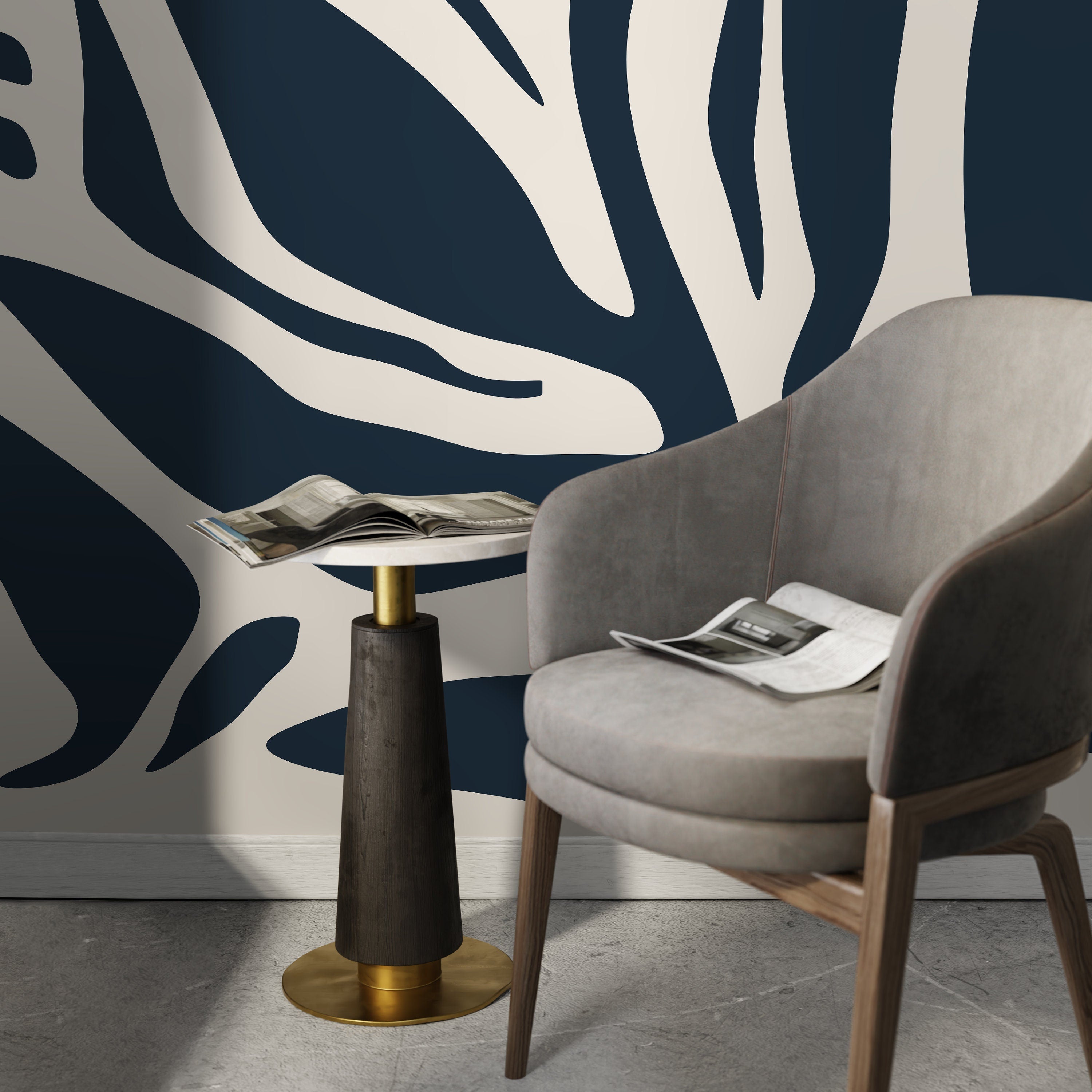 Abstract Wallpaper With Bold Organic Shapes In Dark Blue And Cream - D625