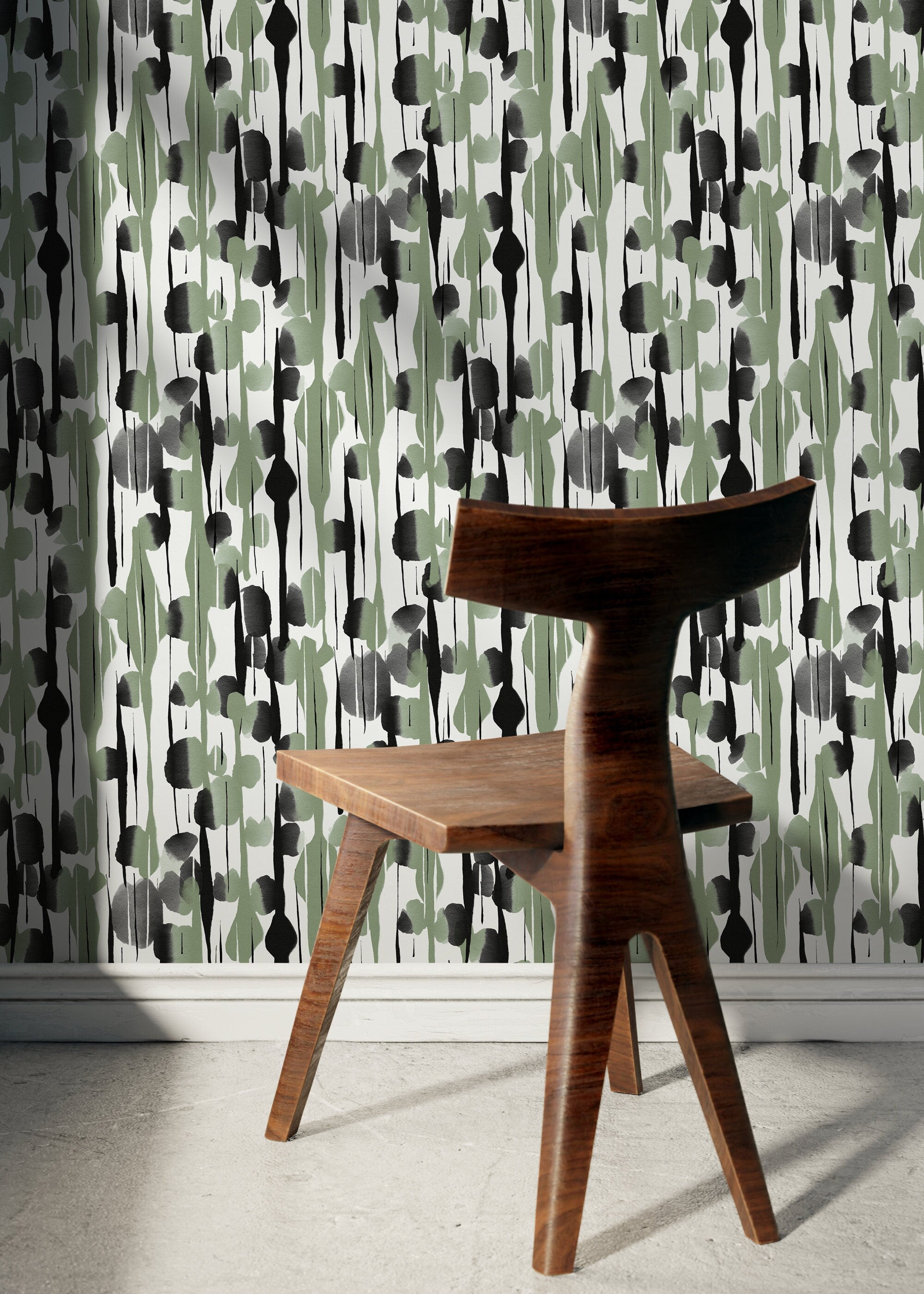 Abstract Wallpaper With Vertical Brushstroke Motifs In Black And Green - D537
