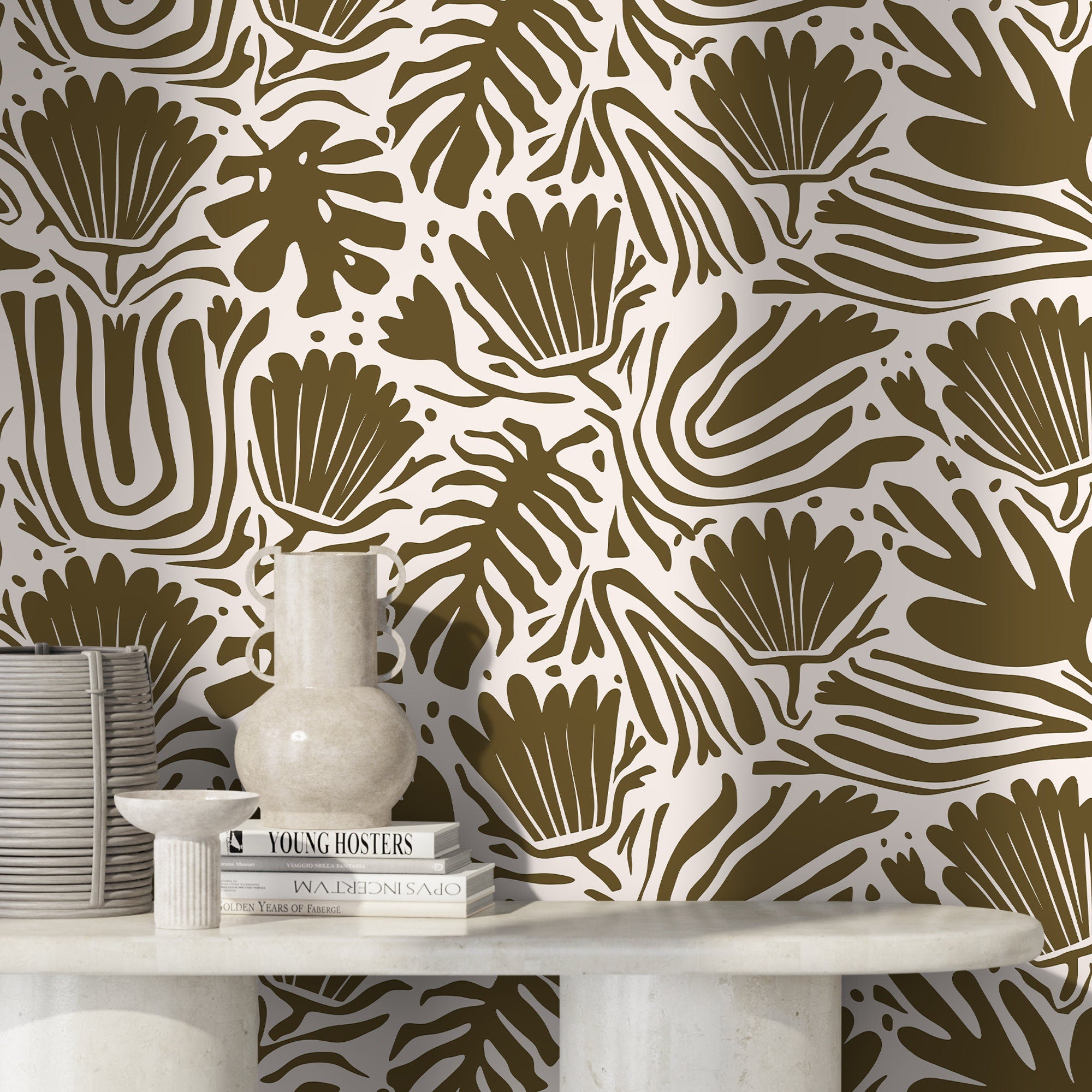 Floral Wallpaper With An Abstract Botanical Motif In Olive Green - D661