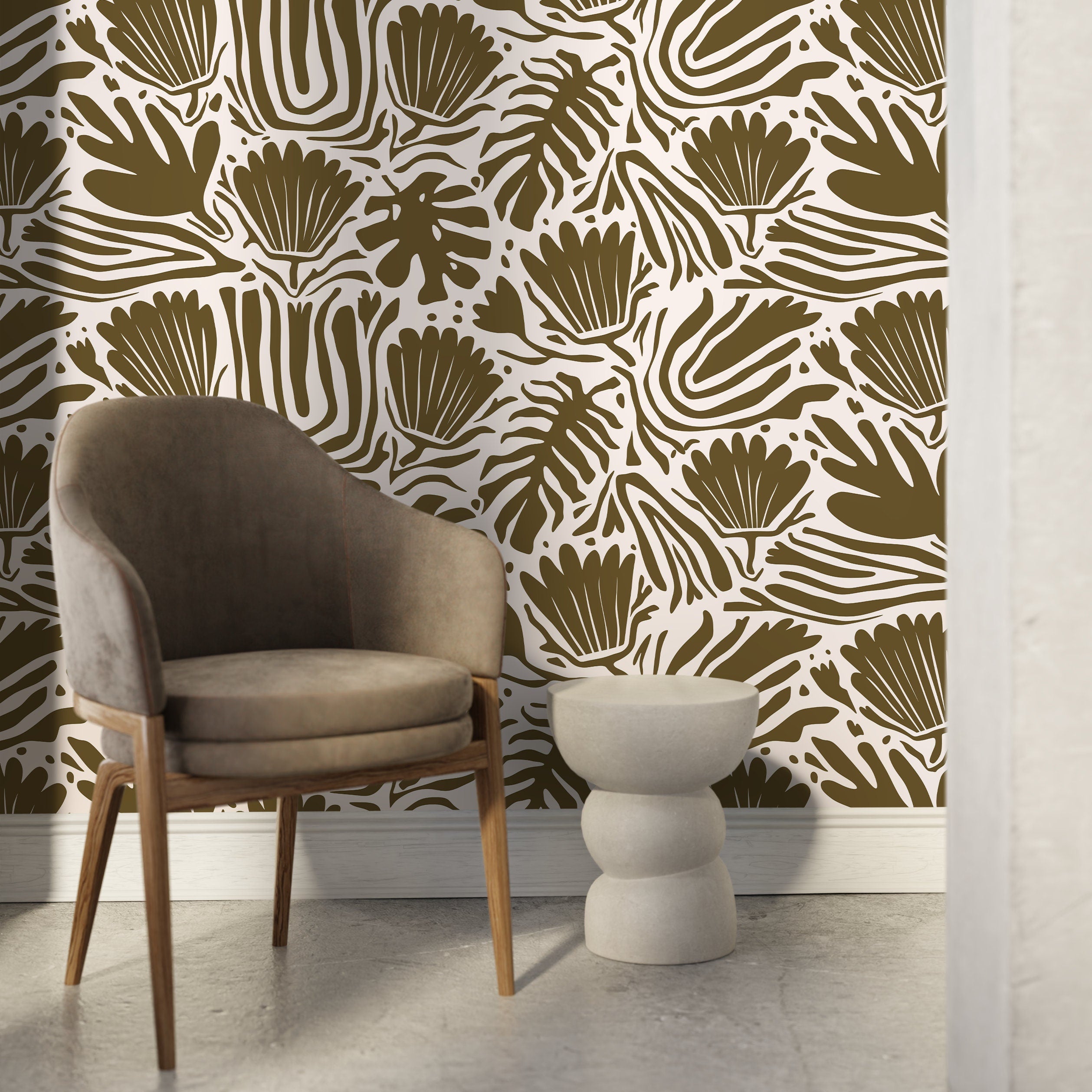 Floral Wallpaper With An Abstract Botanical Motif In Olive Green - D661