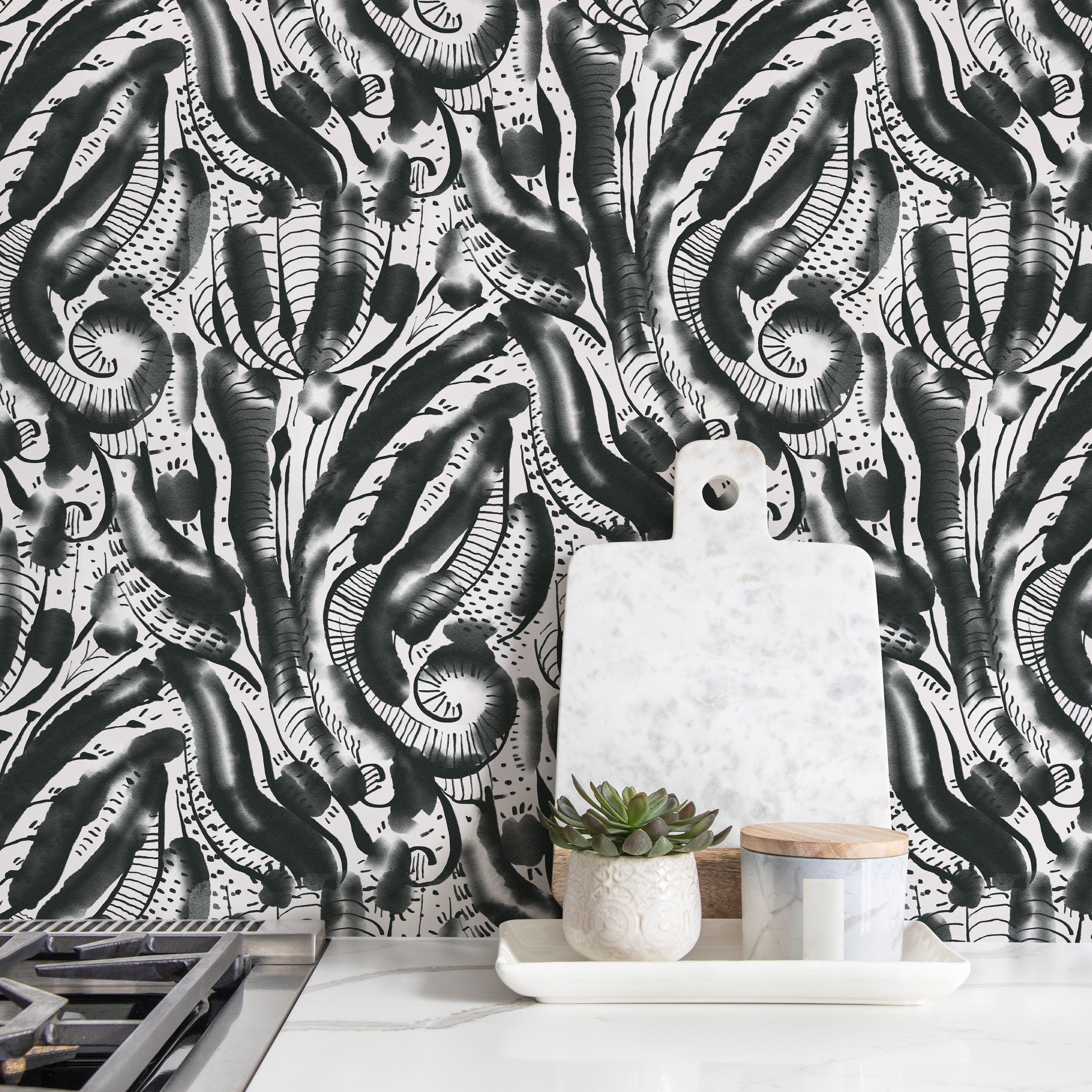Abstract Wallpaper With An Organic Brushstroke Motif In Black And White - D539