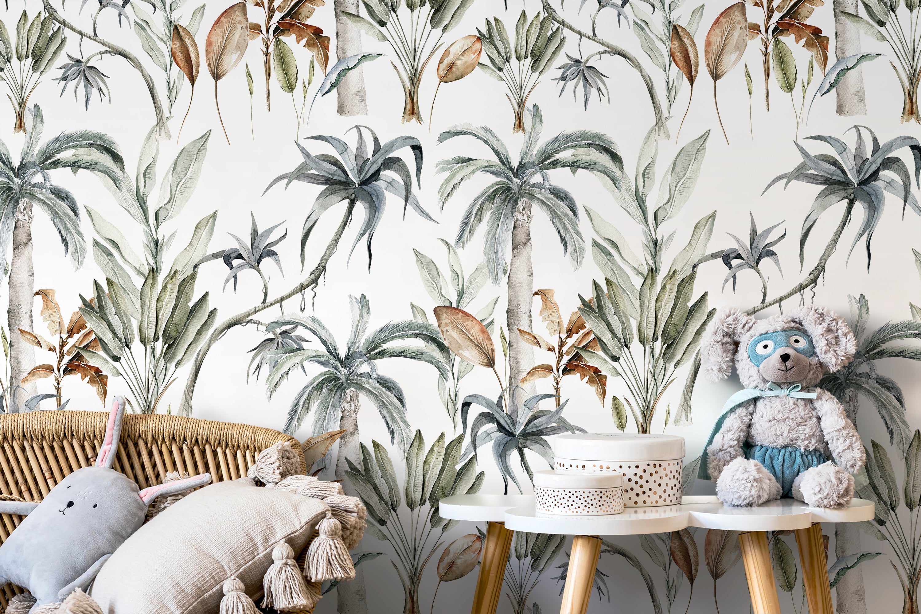Botanical Wallpaper With A Watercolor Jungle Motif In Green, Blue, And Brown - D540