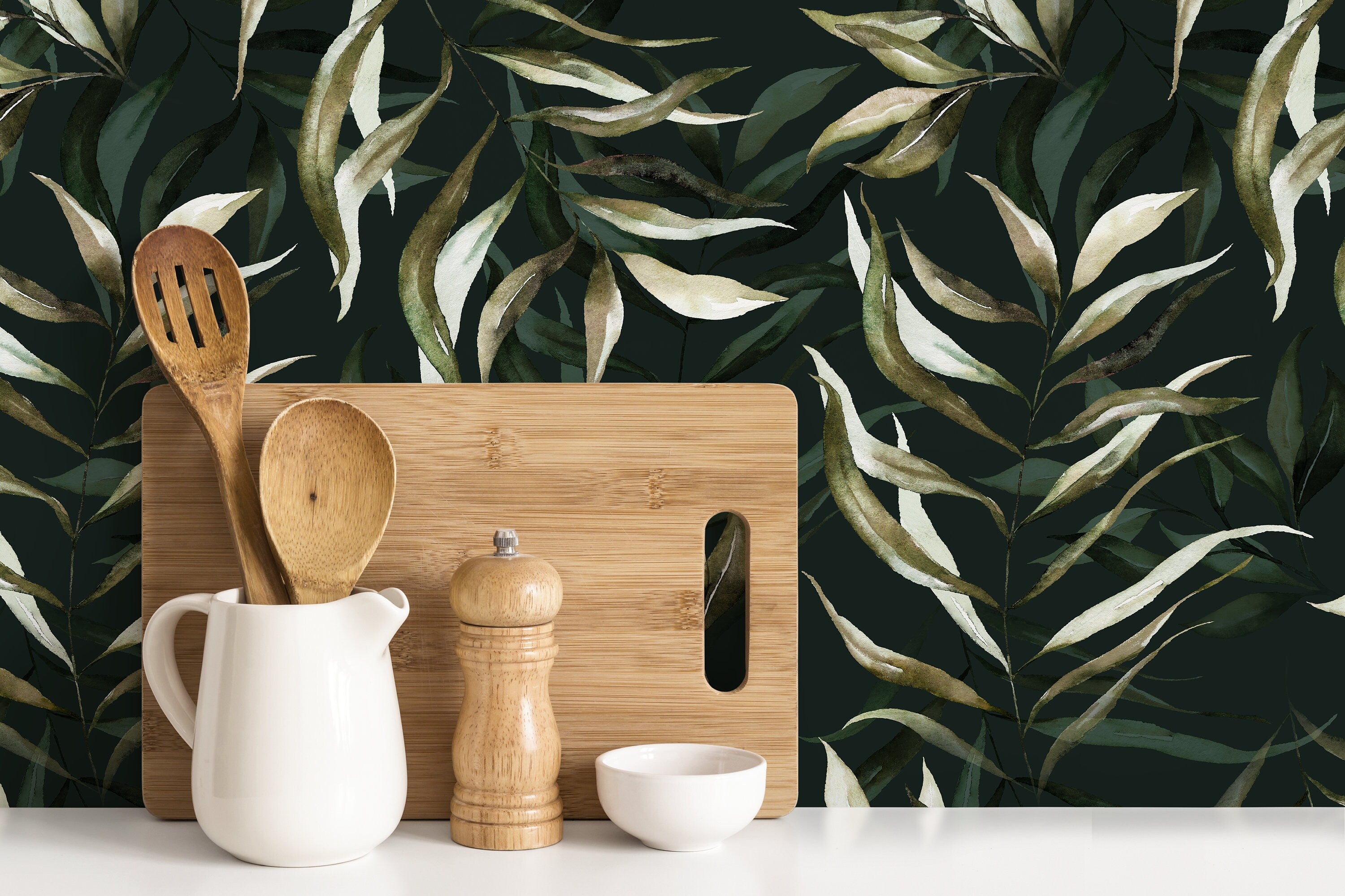 Botanical Wallpaper With Watercolor Willow Leaves In Dark Green And Olive - D541