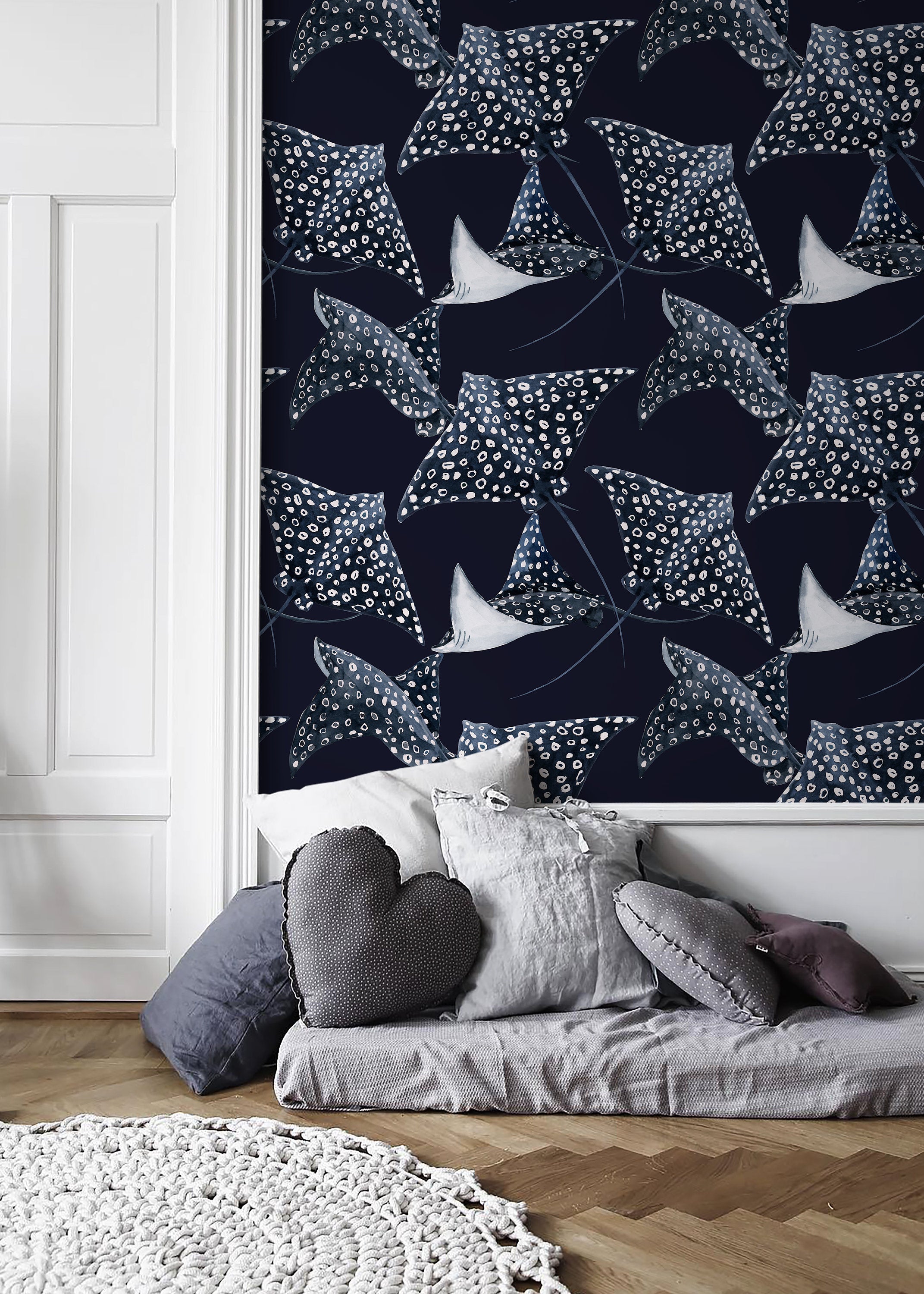 Nautical Wallpaper Featuring Watercolor Stingrays In Navy Blue And White - D542
