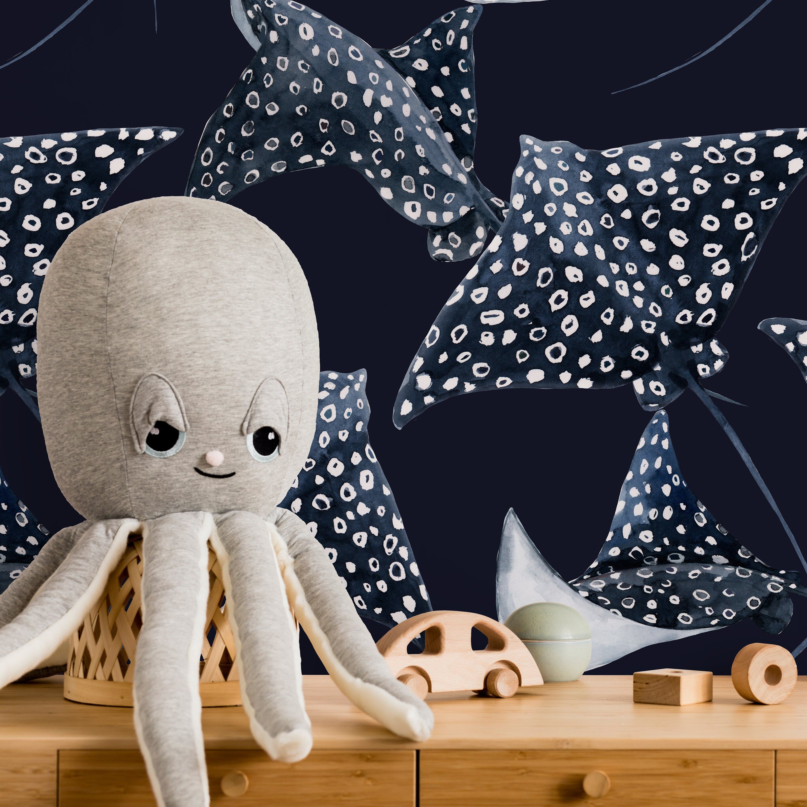 Nautical Wallpaper Featuring Watercolor Stingrays In Navy Blue And White - D542