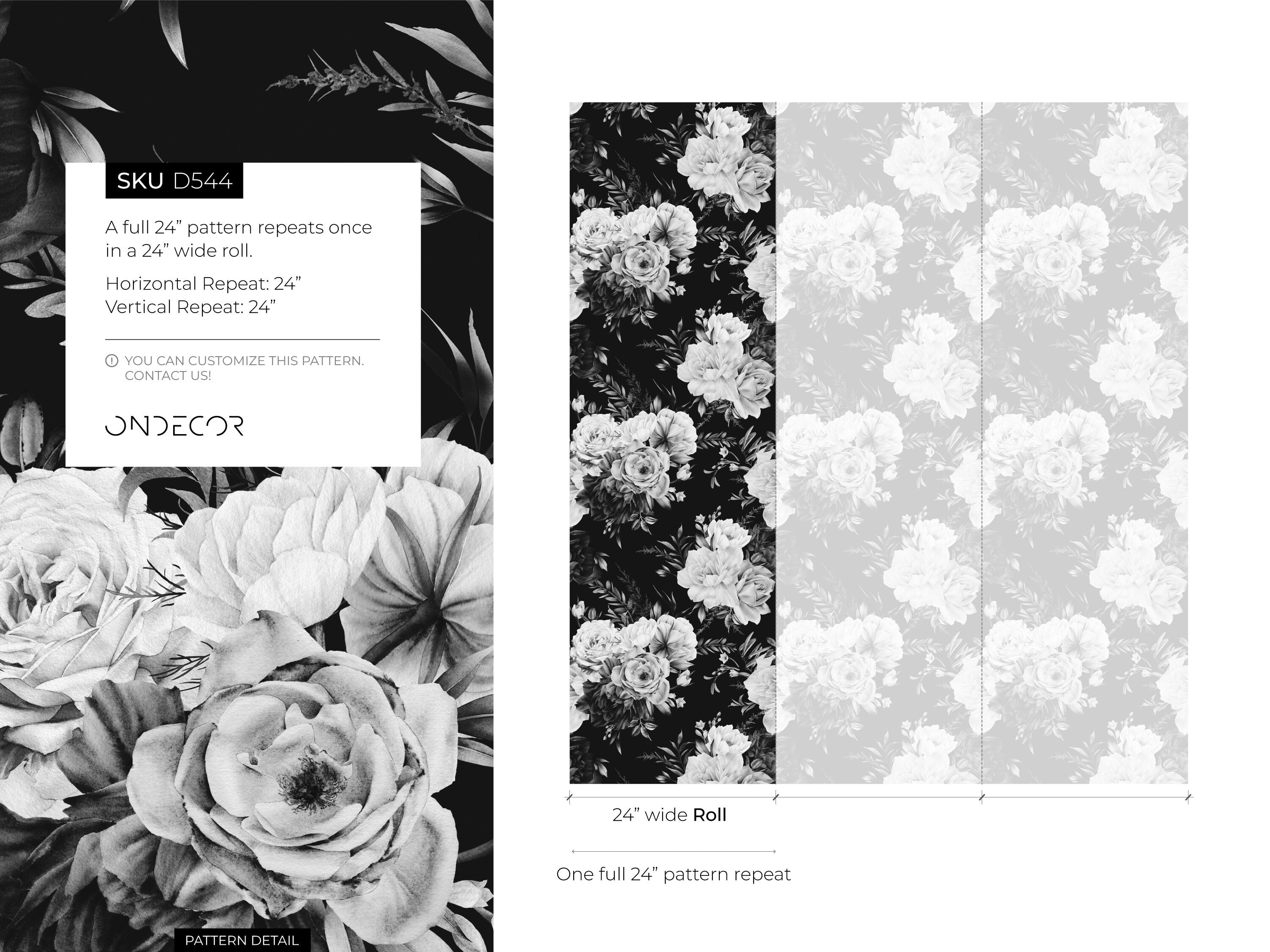 Floral Wallpaper With Moody Rose Bouquets In Black, White, And Gray - D544