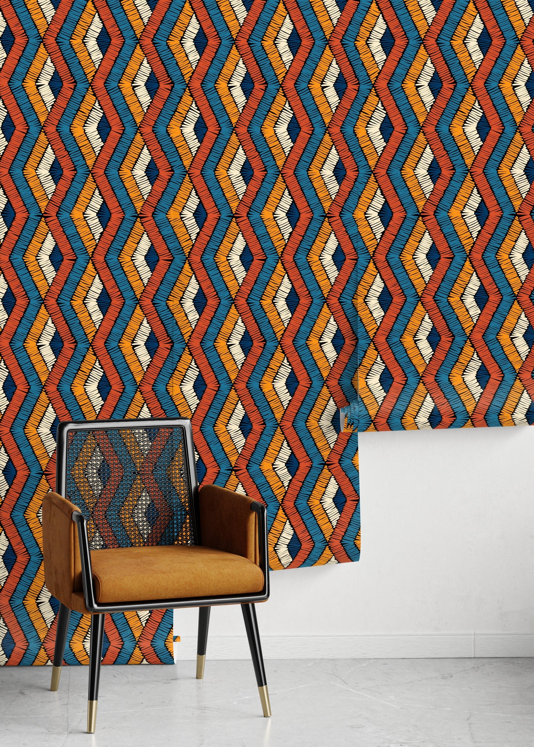 Tribal Wallpaper With An Embroidered Chevron In Orange, Blue, And Cream - D512