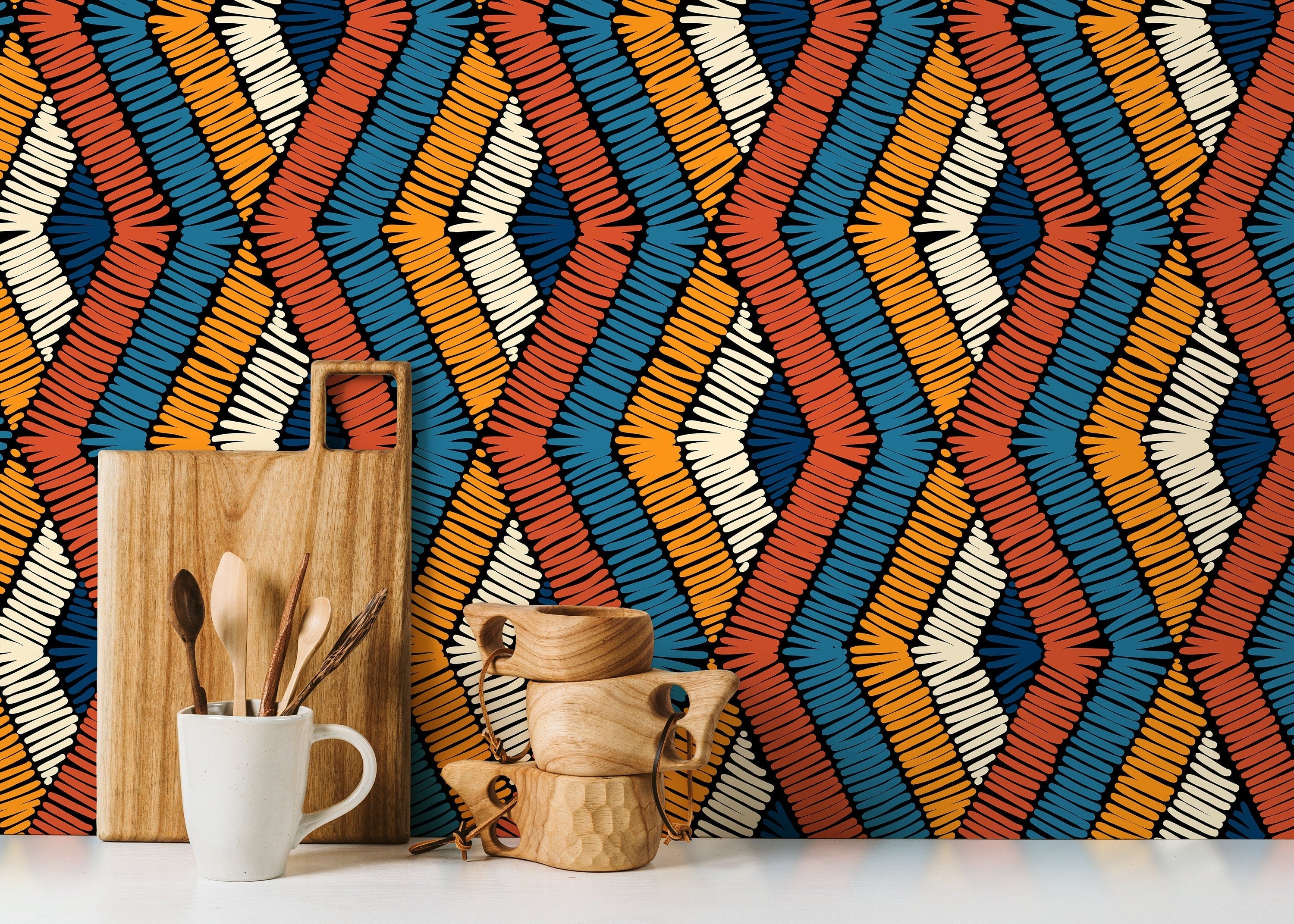 Tribal Wallpaper With An Embroidered Chevron In Orange, Blue, And Cream - D512