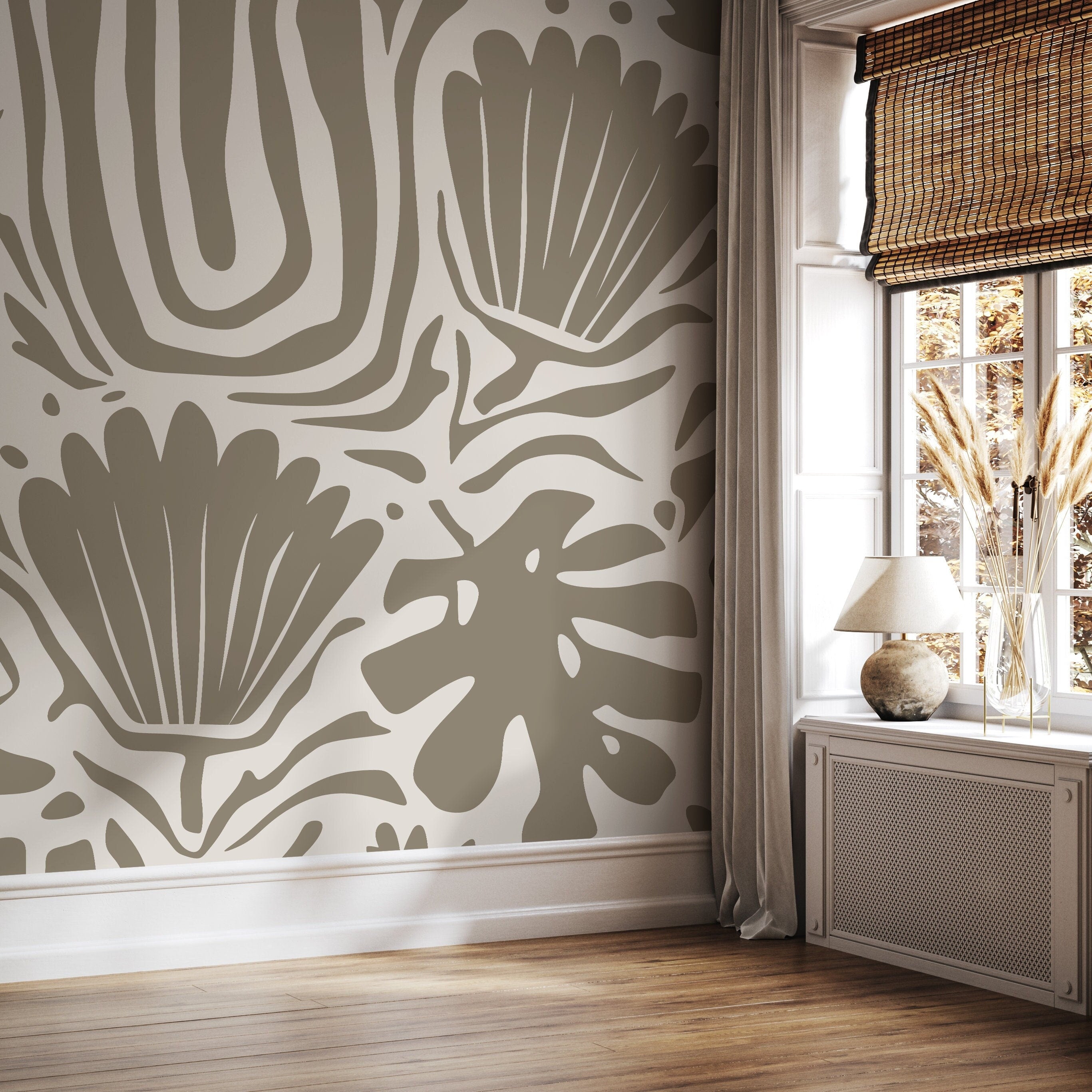 Abstract Wallpaper With Bold Botanical Cut-outs In Beige And Taupe - D663