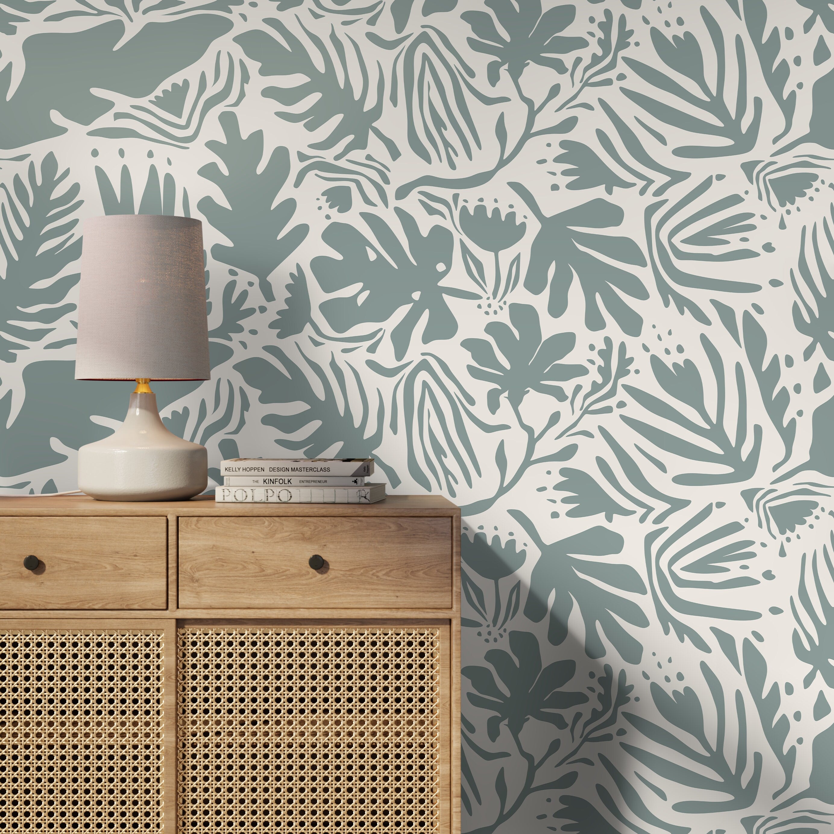 Abstract Wallpaper With A Matisse Inspired Botanical Motif In Sage Green - D664