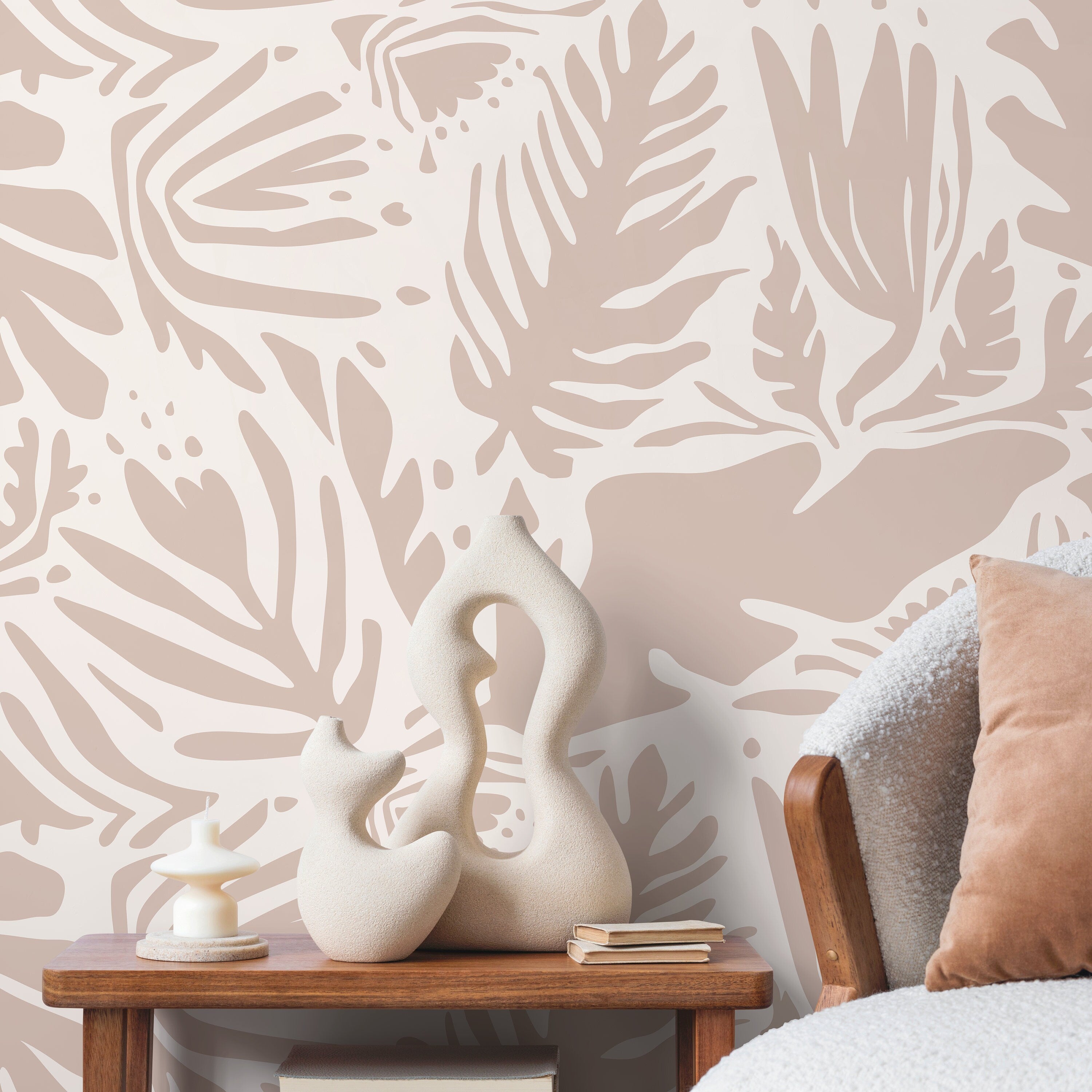Abstract Wallpaper With A Boho Botanical Cutout Motif In Beige And Cream - D666