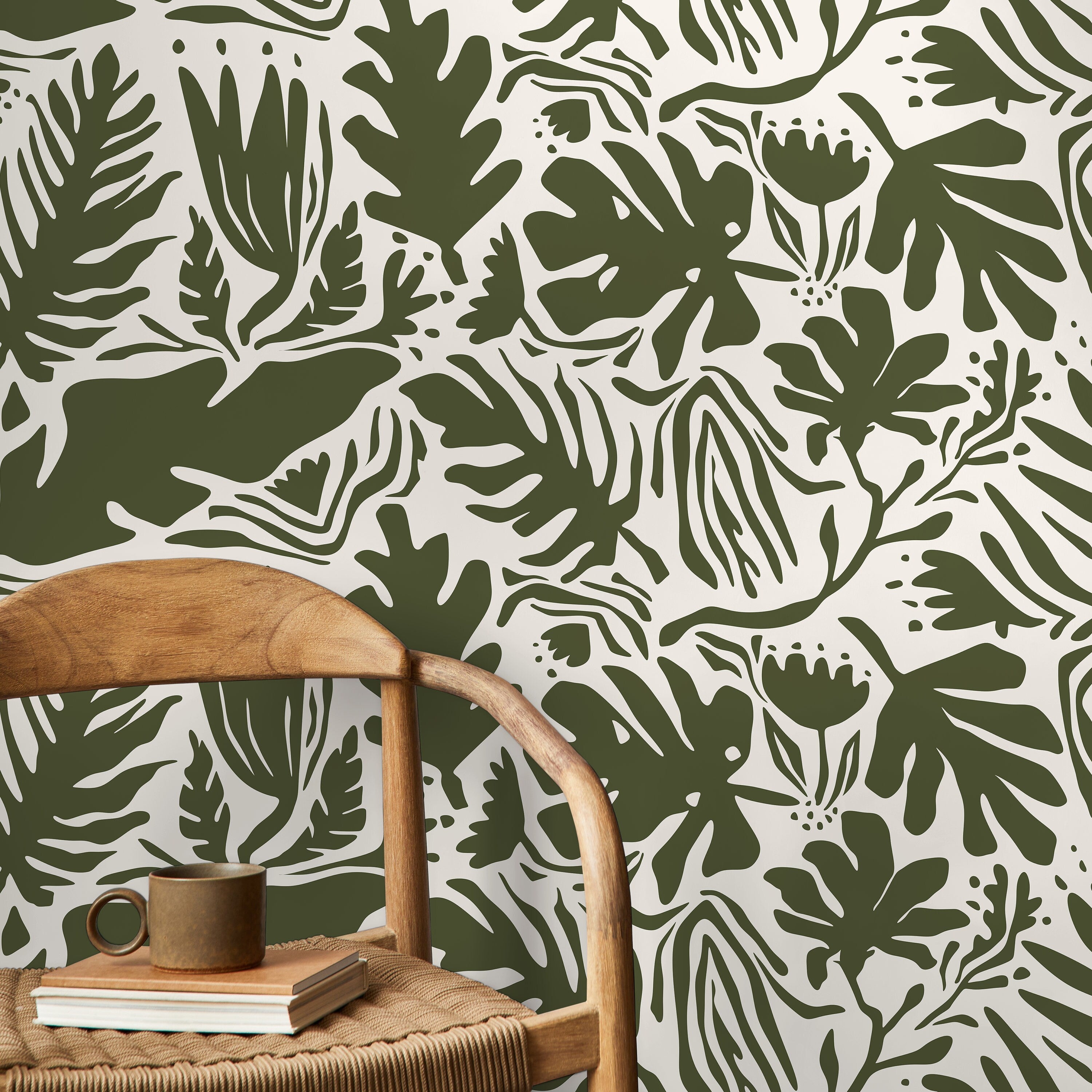 Botanical Wallpaper With Abstract Leaf Cut-outs In Dark Green - D667