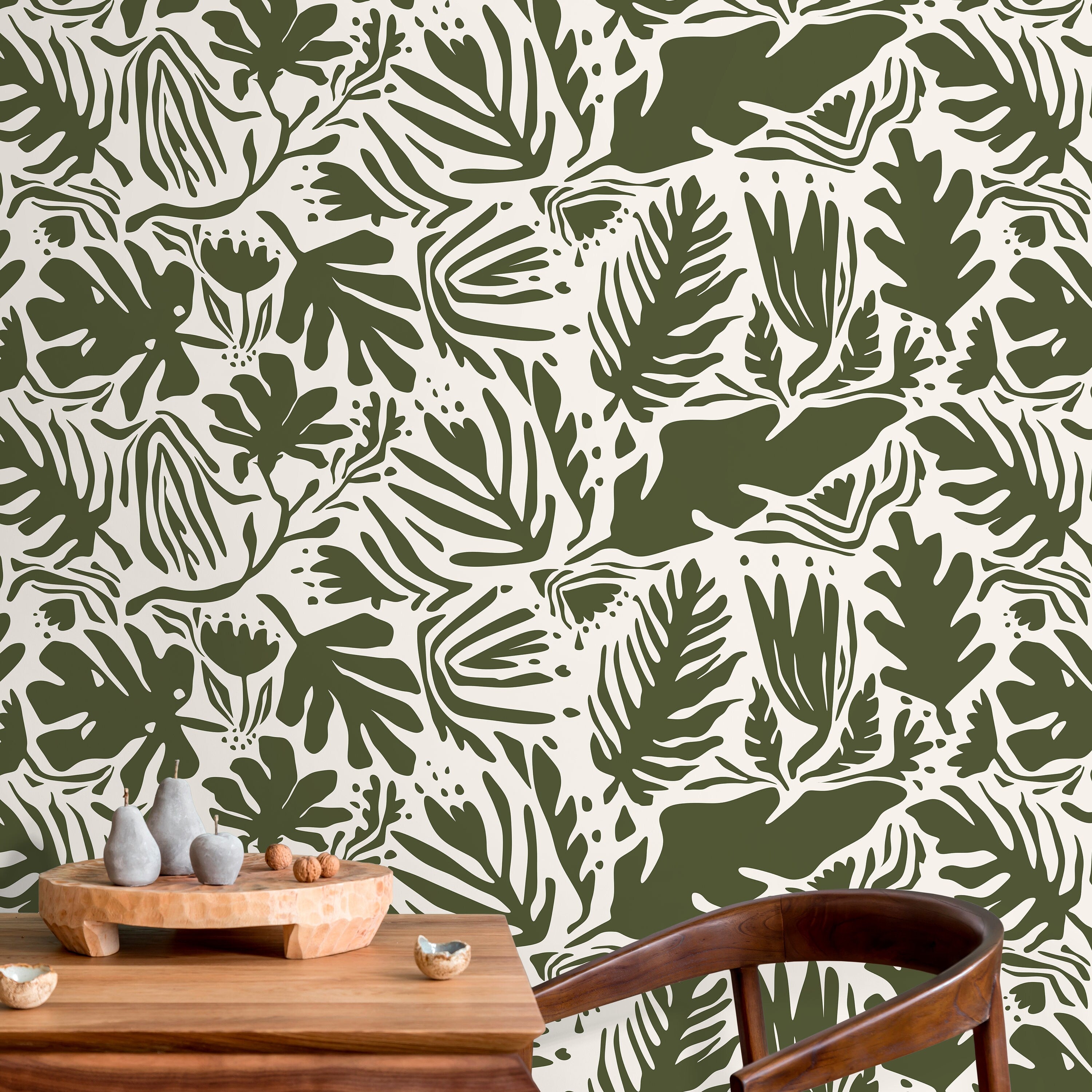 Botanical Wallpaper With Abstract Leaf Cut-outs In Dark Green - D667