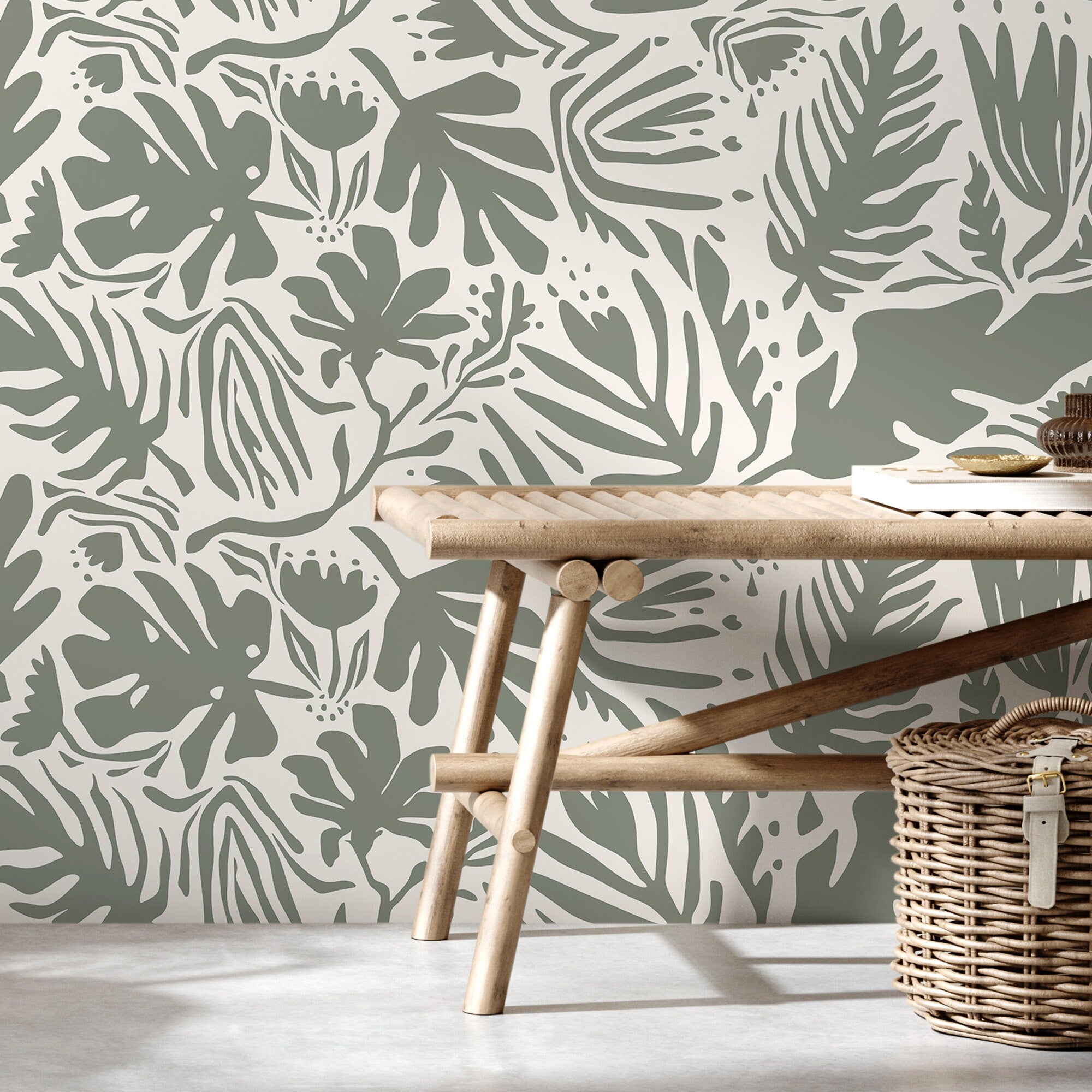 Abstract Wallpaper With A Matisse Inspired Leaf Motif In Sage Green - D668