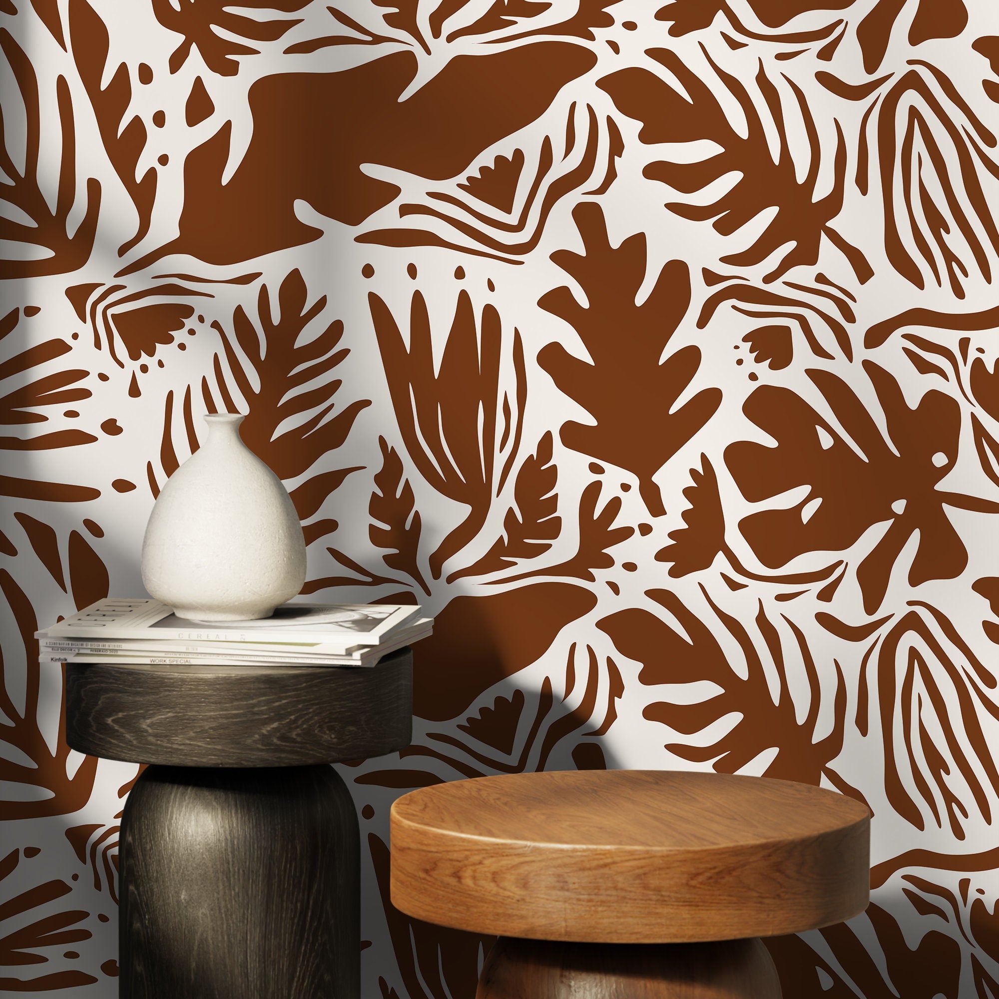 Abstract Wallpaper With Botanical Cutouts In Brown - D669