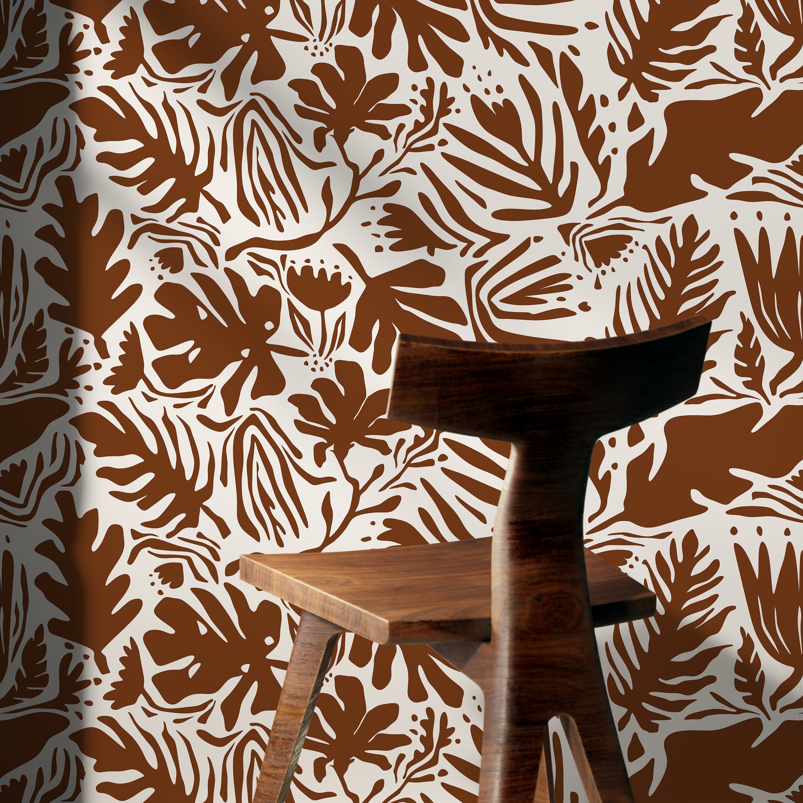 Abstract Wallpaper With Botanical Cutouts In Brown - D669