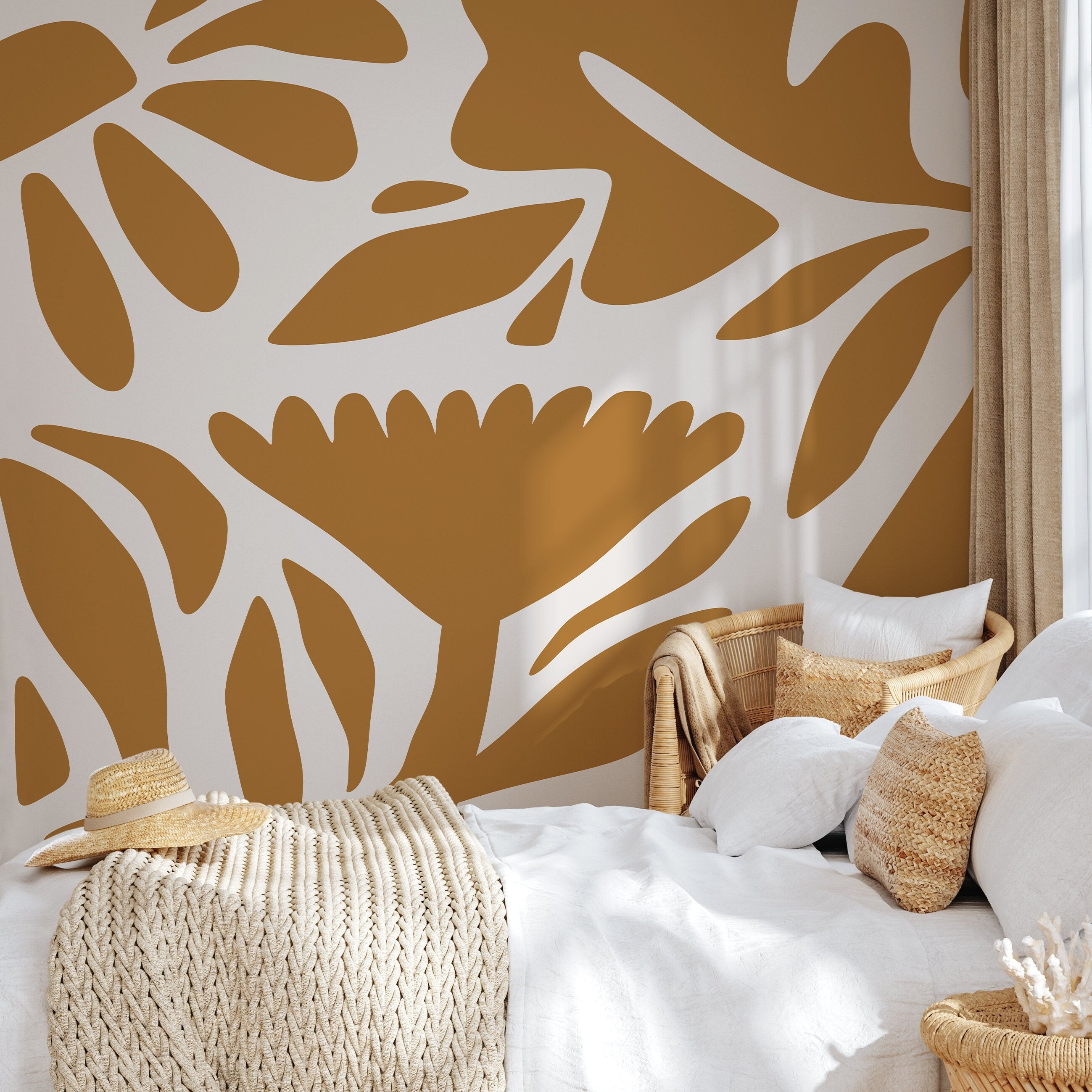 Abstract Wallpaper With Stylized Floral Cutouts In Mustard Yellow And Cream - D670