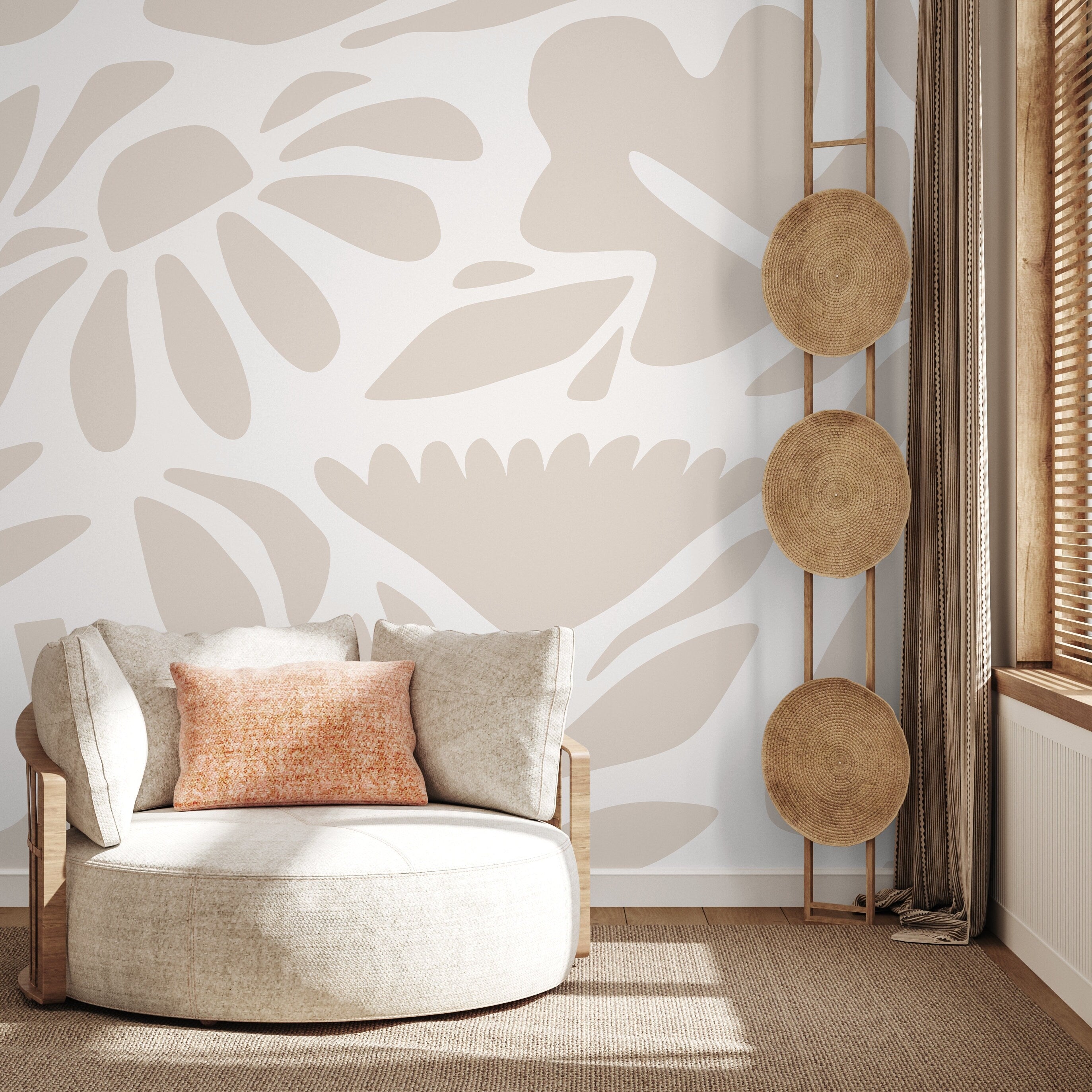 Abstract Wallpaper With A Boho Flora Motif In Beige And Off-white - D671