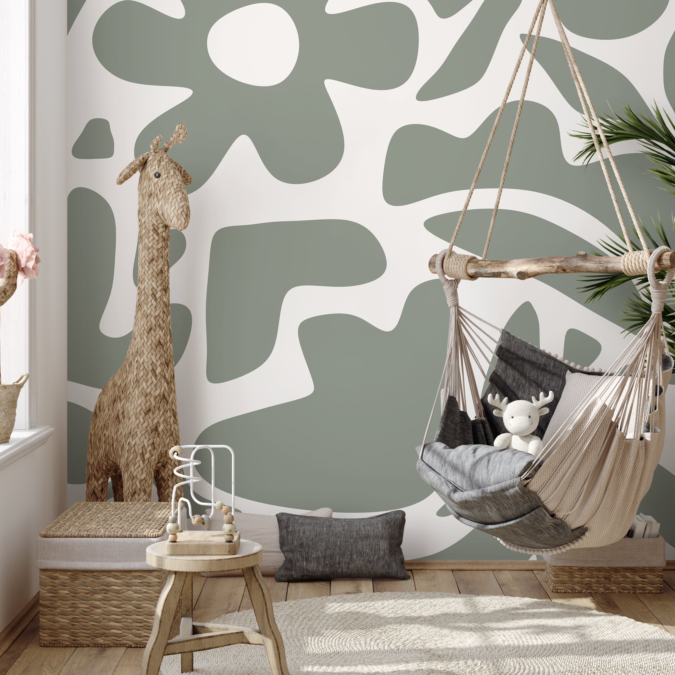 Abstract Wallpaper Featuring Bold Floral Shapes In Sage Green - D672