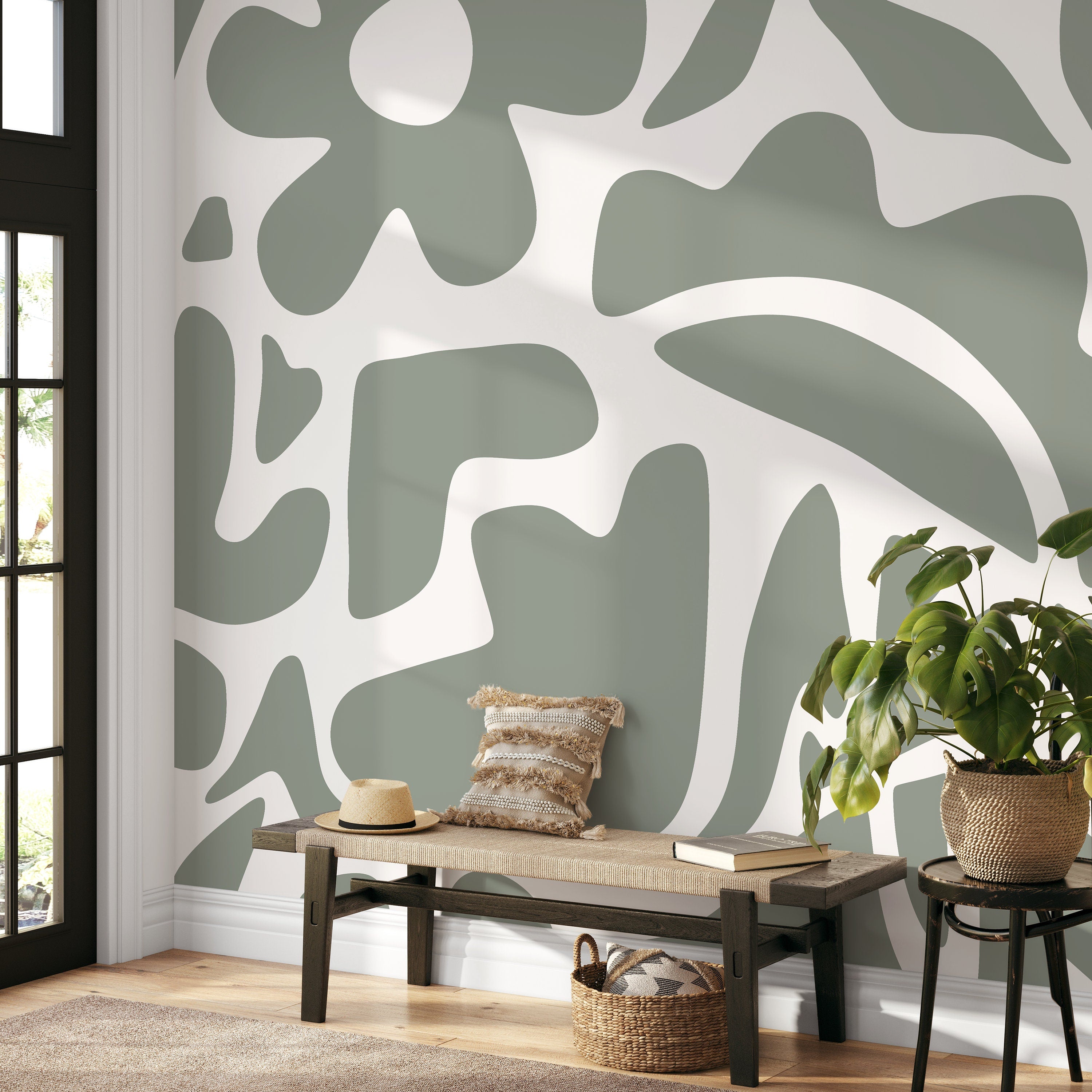 Abstract Wallpaper Featuring Bold Floral Shapes In Sage Green - D672