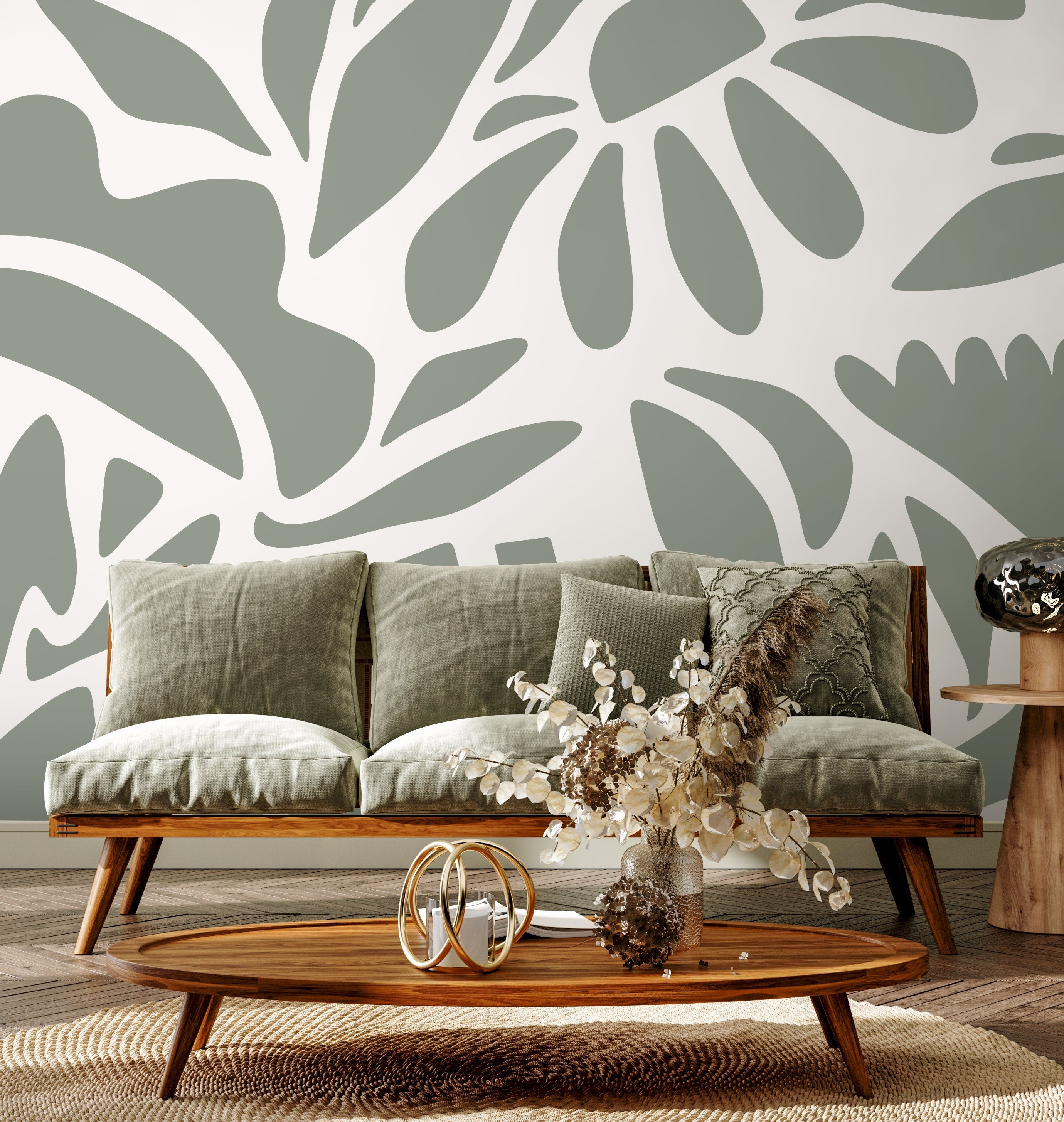Abstract Wallpaper Featuring Bold Floral Shapes In Sage Green - D672