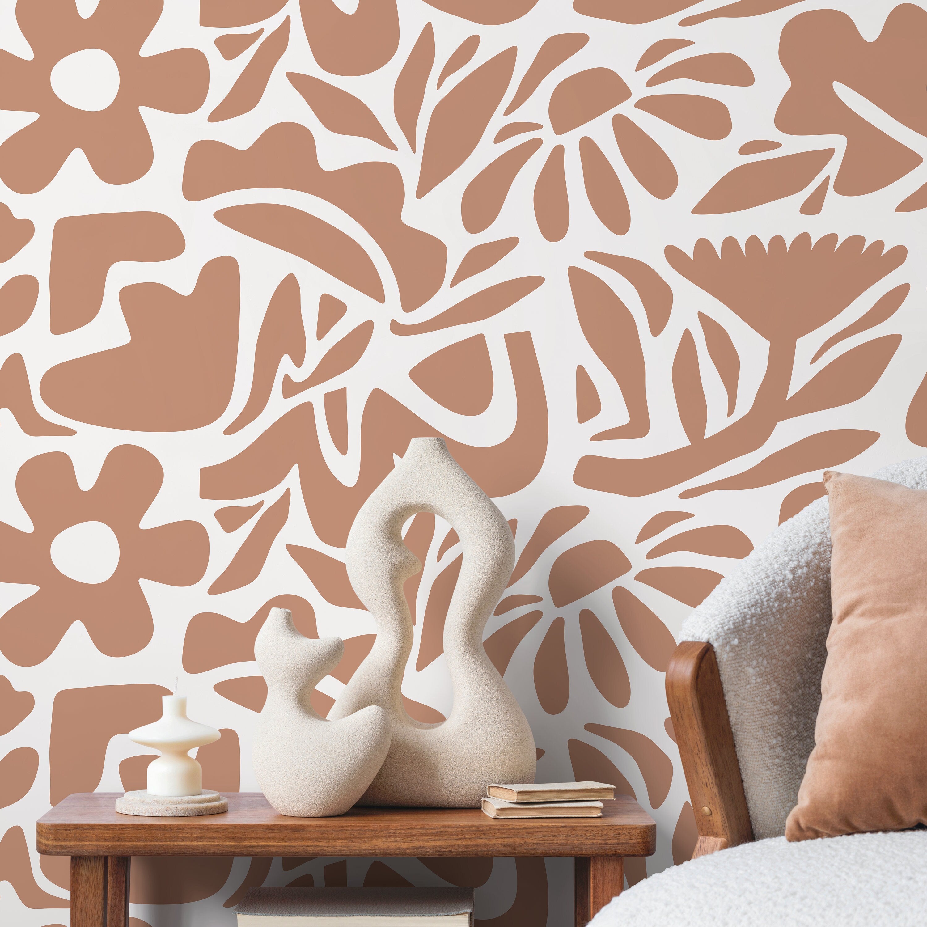 Abstract Floral Wallpaper With A Cutout Botanical Motif In Terracotta Orange - D674