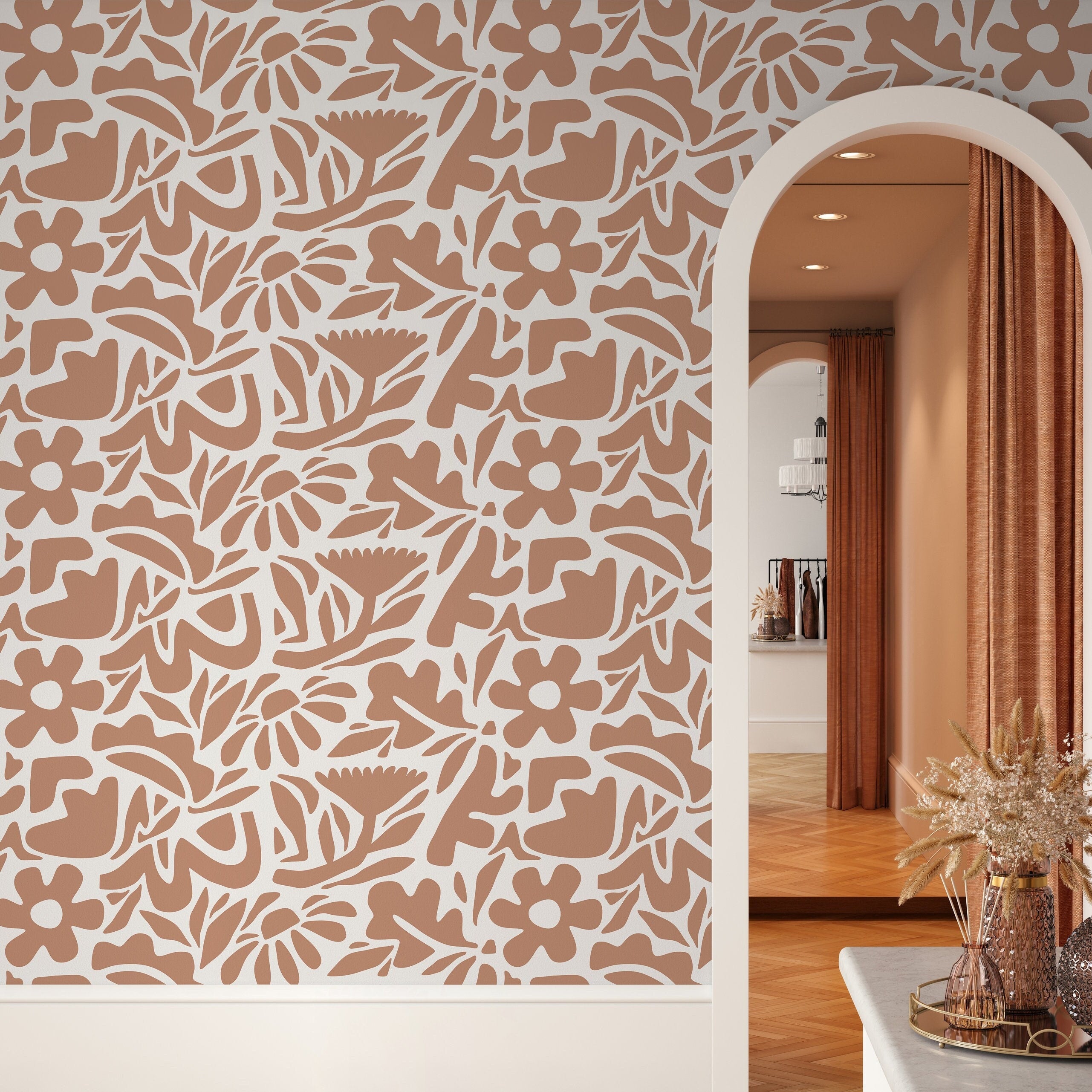 Abstract Floral Wallpaper With A Cutout Botanical Motif In Terracotta Orange - D674