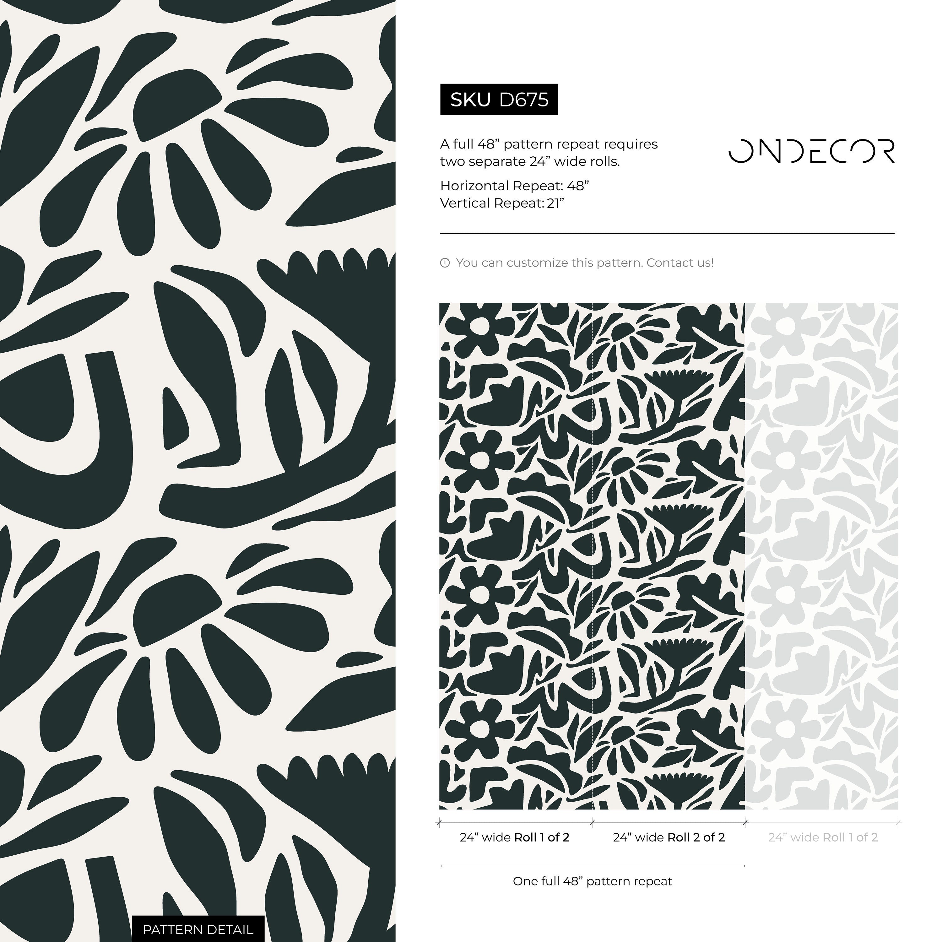 Abstract Wallpaper With A Bold Botanical Motif In Dark Green And Off-white - D675