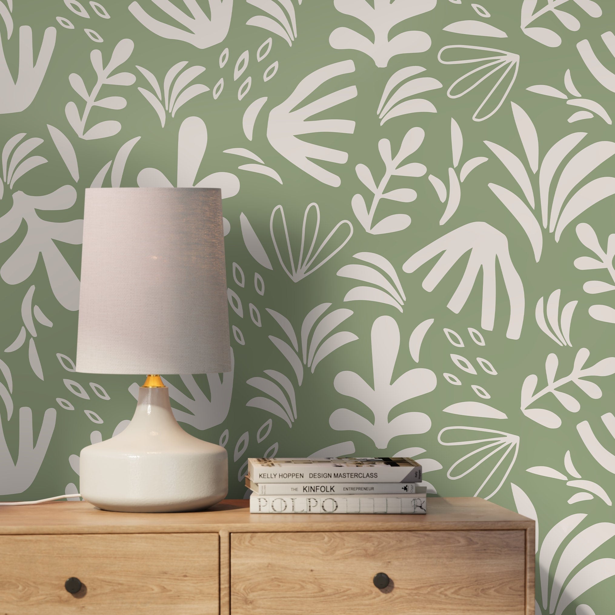 Botanical Wallpaper With Abstract Cutout Shapes In Green And Cream - D676
