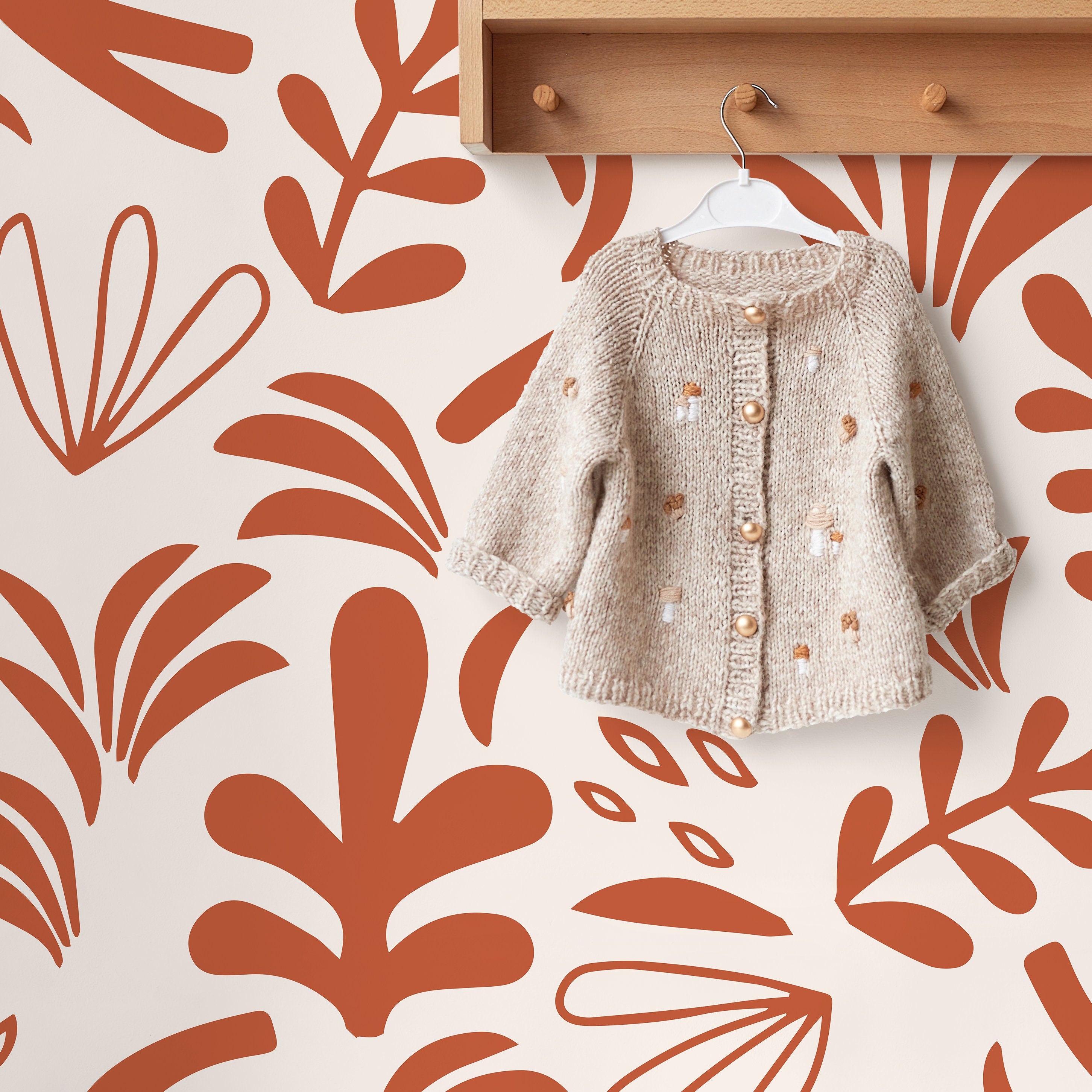 Abstract Wallpaper With Matisse-inspired Botanicals In Burnt Orange And Beige - D677