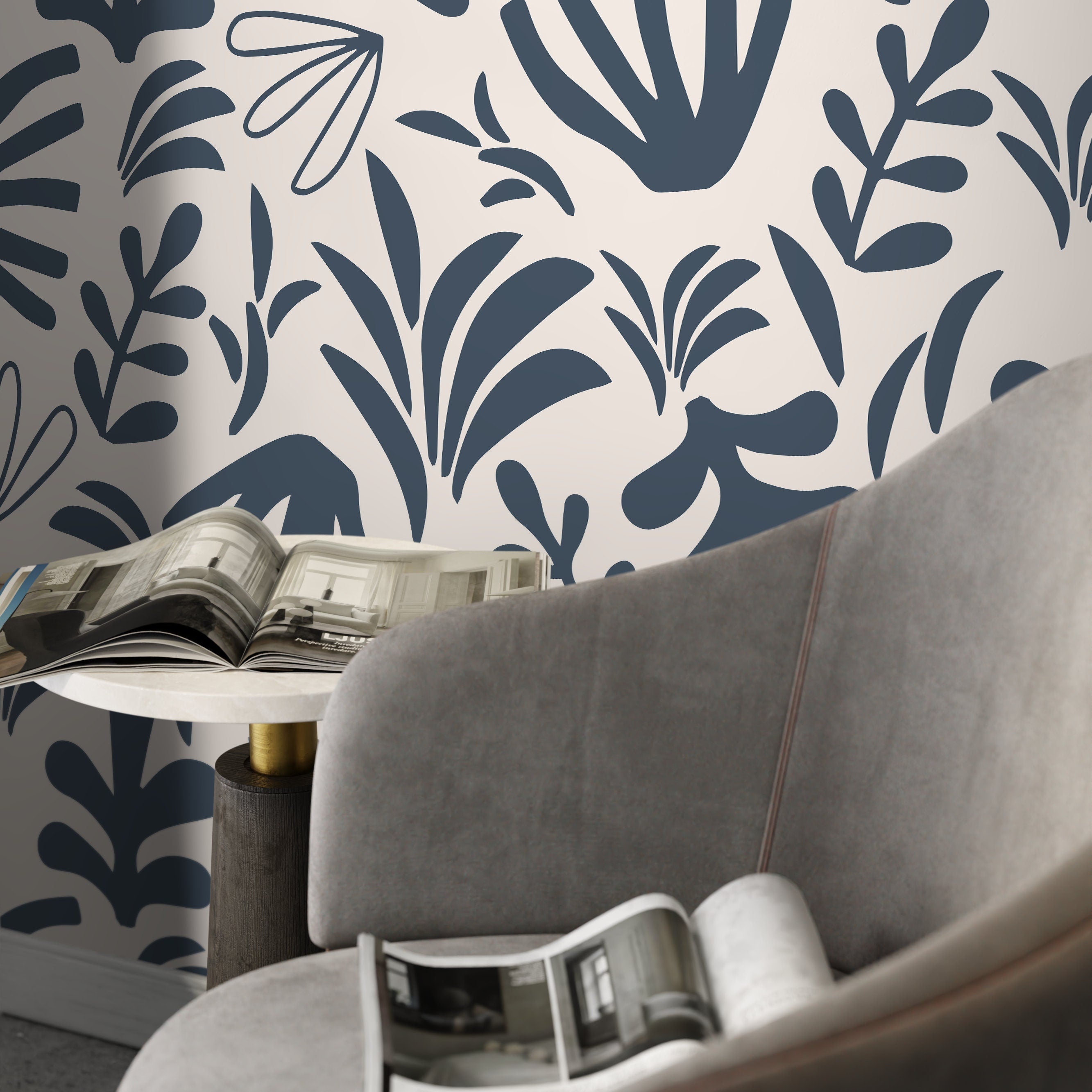 Abstract Wallpaper Featuring Botanical Shapes In Gray And White - D679