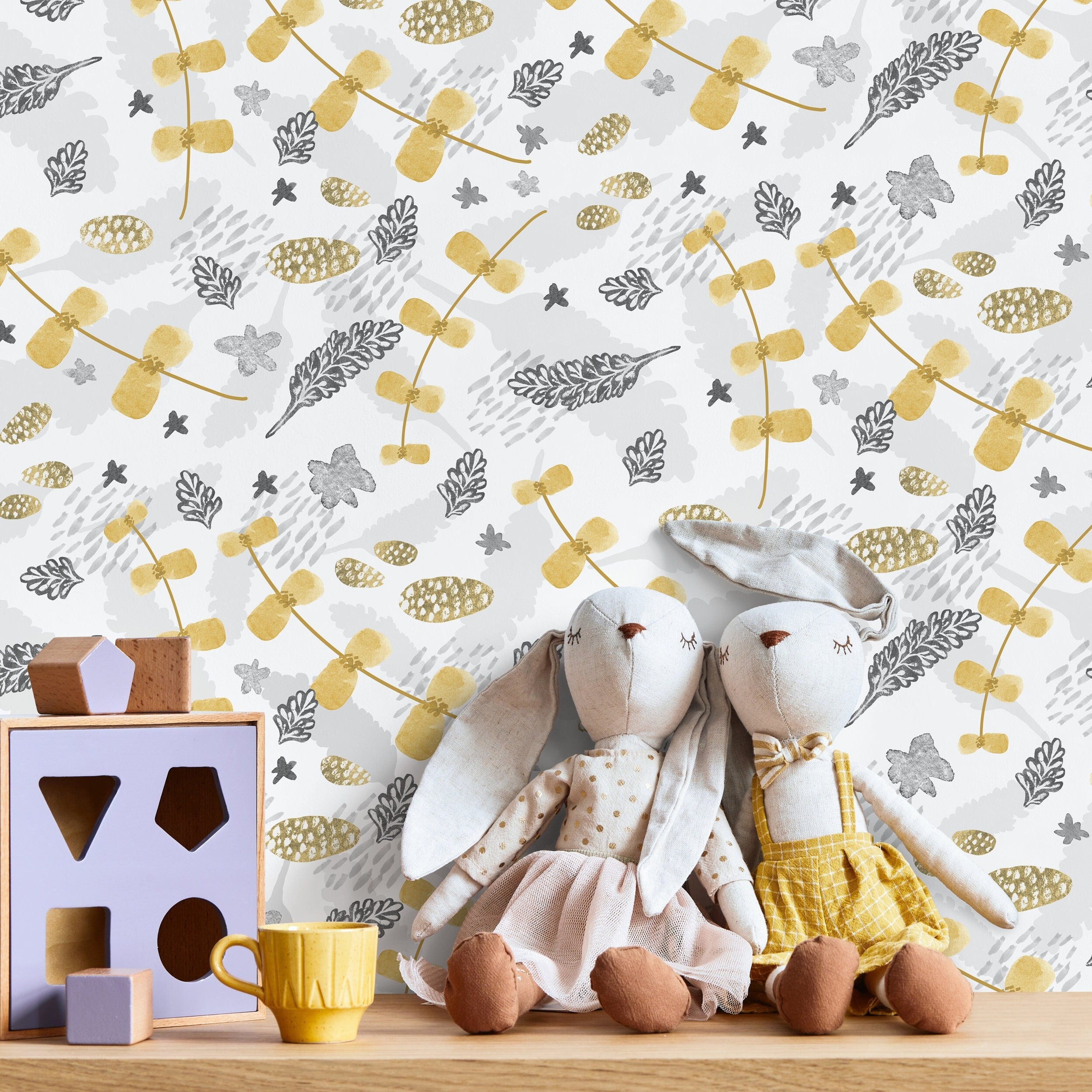 Botanical Wallpaper With Stylized Stems And Leaves In Yellow And Grey - X001