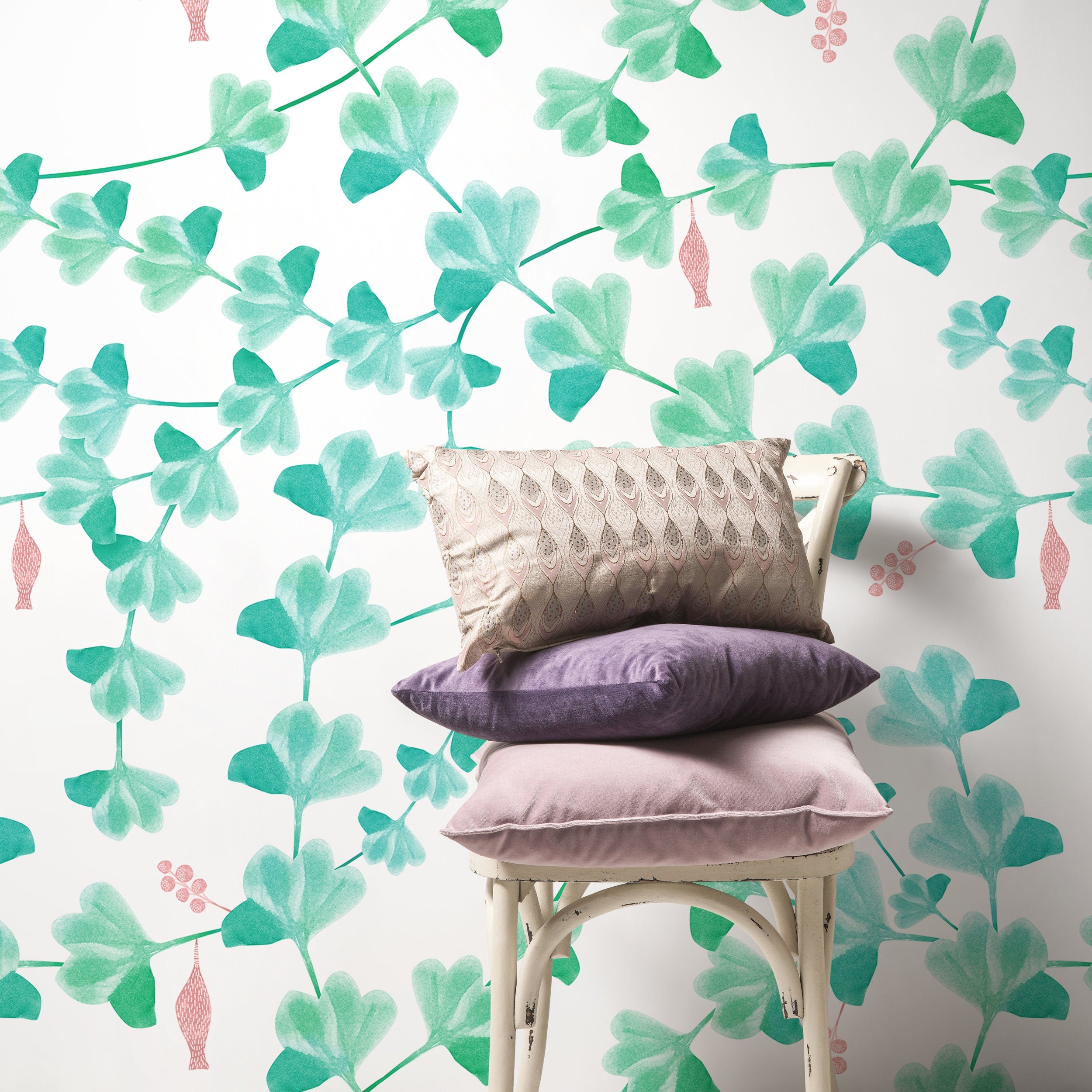 Botanical Wallpaper With A Whimsical Climbing Vine Motif In Green And Pink - X013