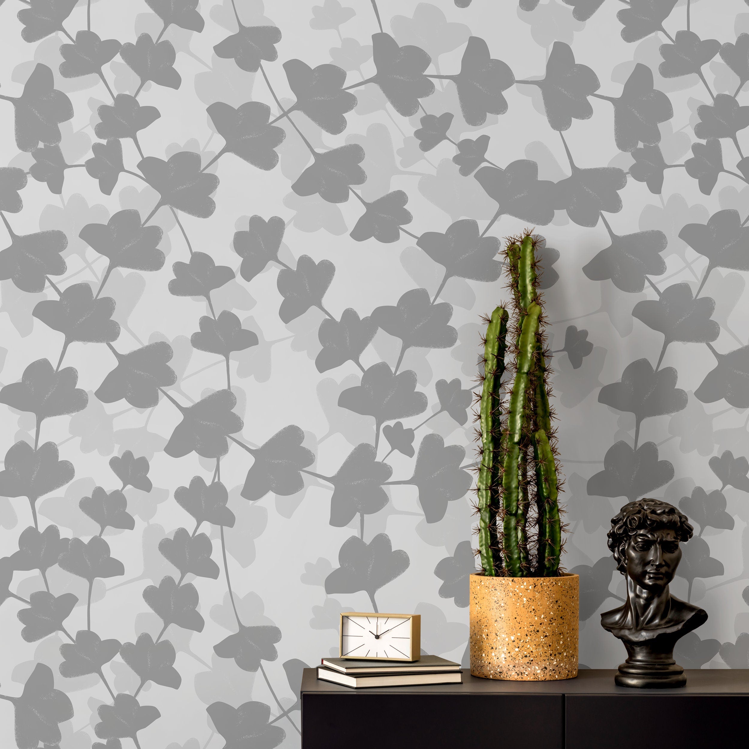 Botanical Wallpaper With Layered Floral Silhouettes In Gray - X016