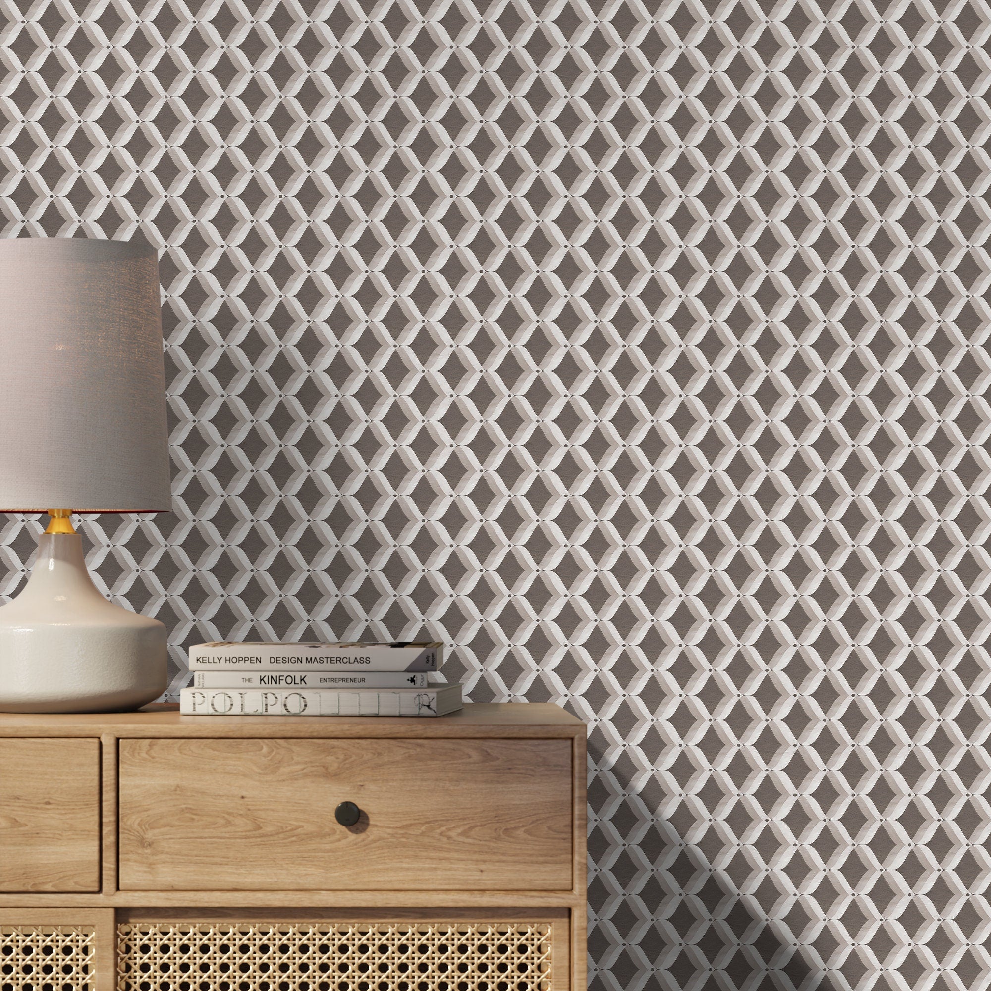 Geometric Wallpaper With A Wavy Lattice Motif In Brown And Gray - X022