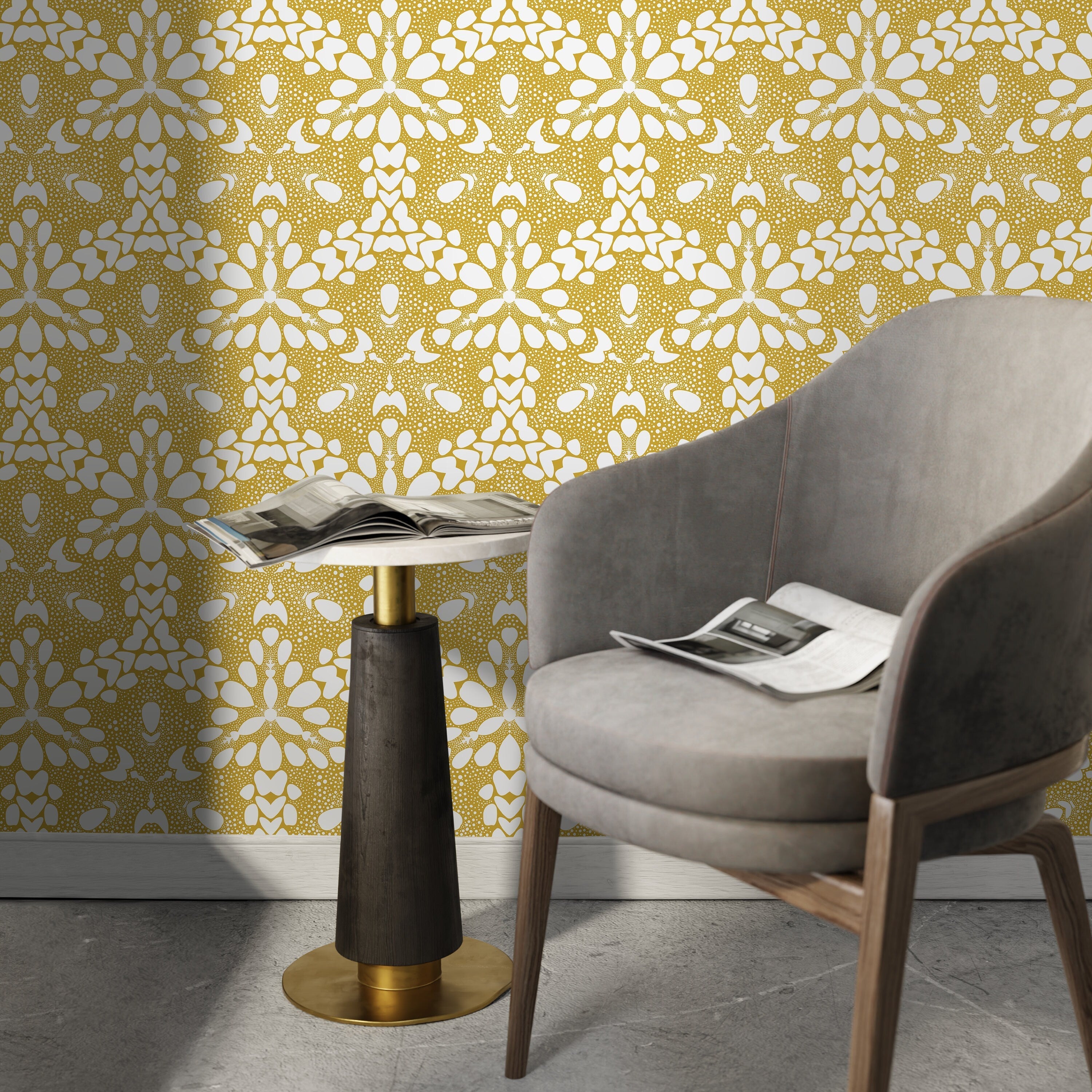 Art Deco Wallpaper With A Symmetrical Starburst Motif In Mustard Yellow - X029