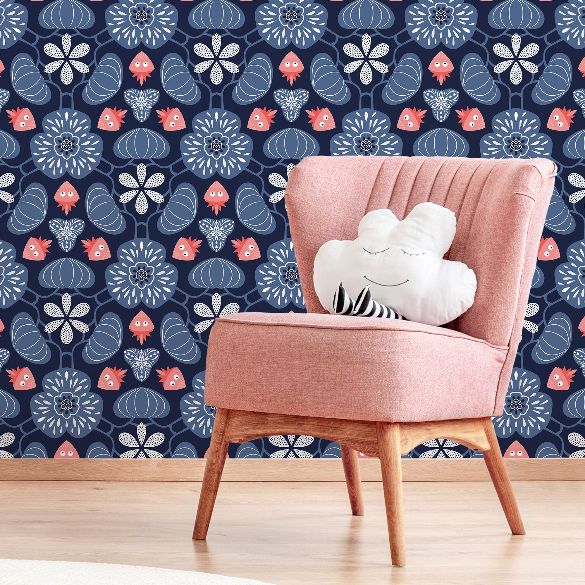 Floral Wallpaper With Stylized Folk Blooms In Navy Blue, Light Blue, And Coral - X050