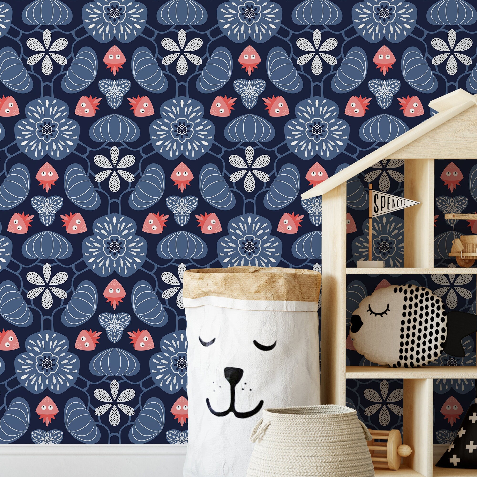 Floral Wallpaper With Stylized Folk Blooms In Navy Blue, Light Blue, And Coral - X050