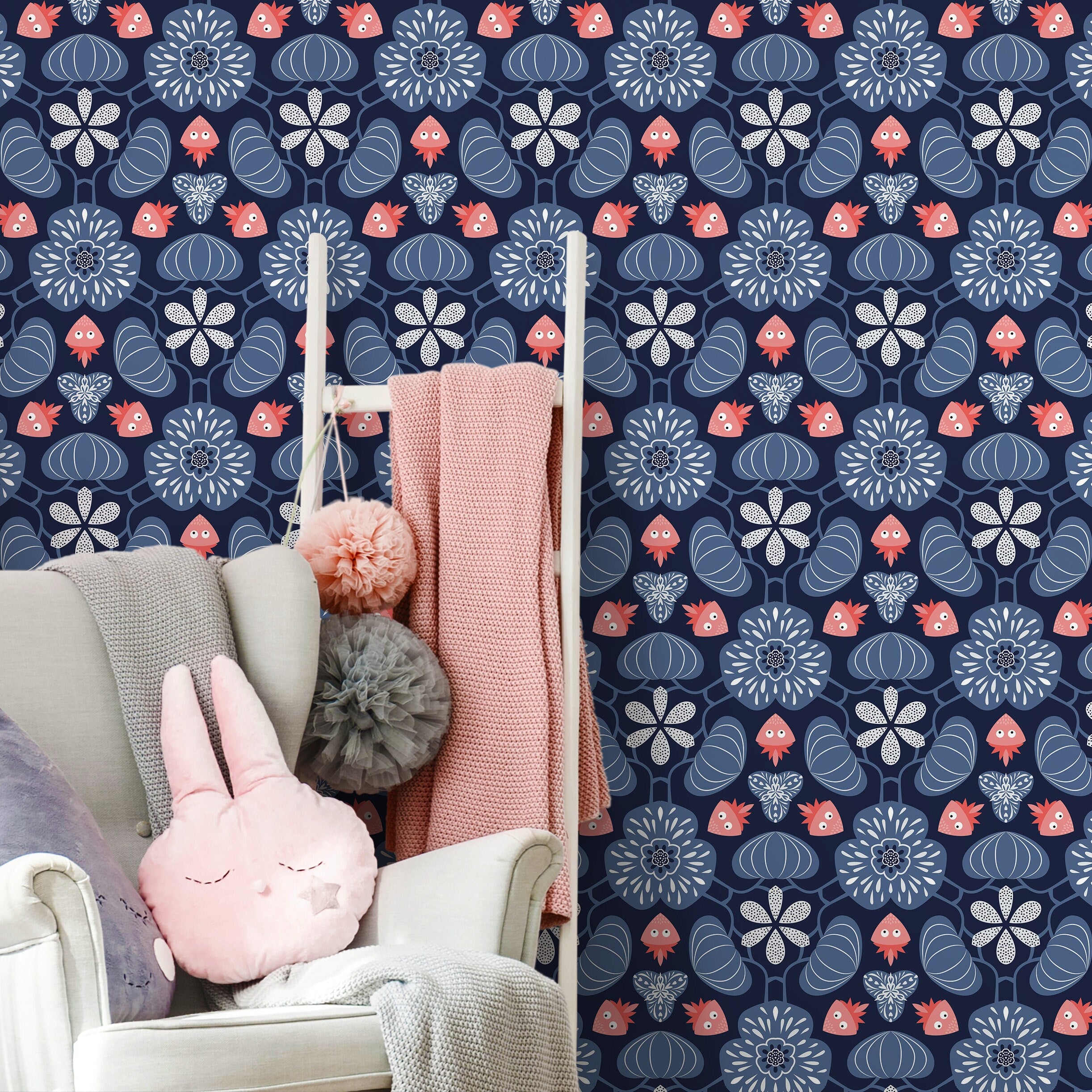 Floral Wallpaper With Stylized Folk Blooms In Navy Blue, Light Blue, And Coral - X050