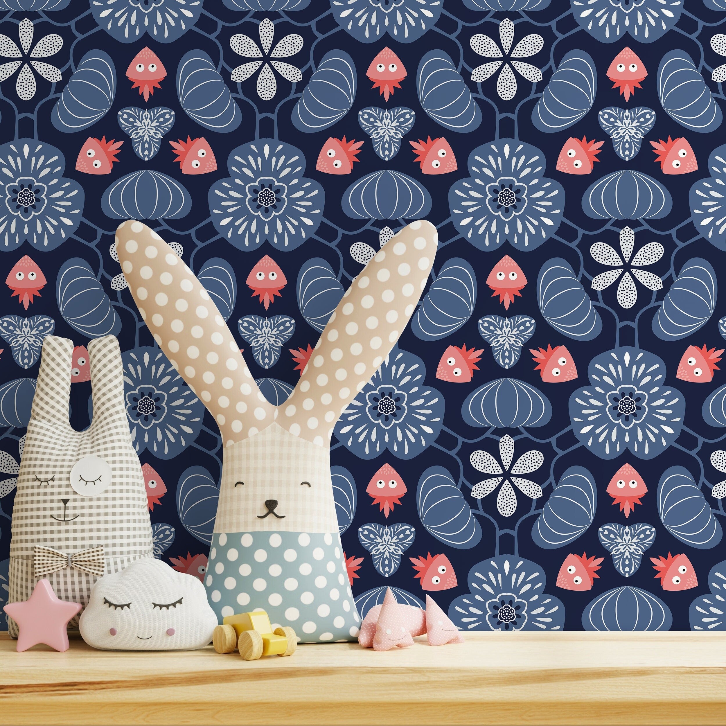 Floral Wallpaper With Stylized Folk Blooms In Navy Blue, Light Blue, And Coral - X050