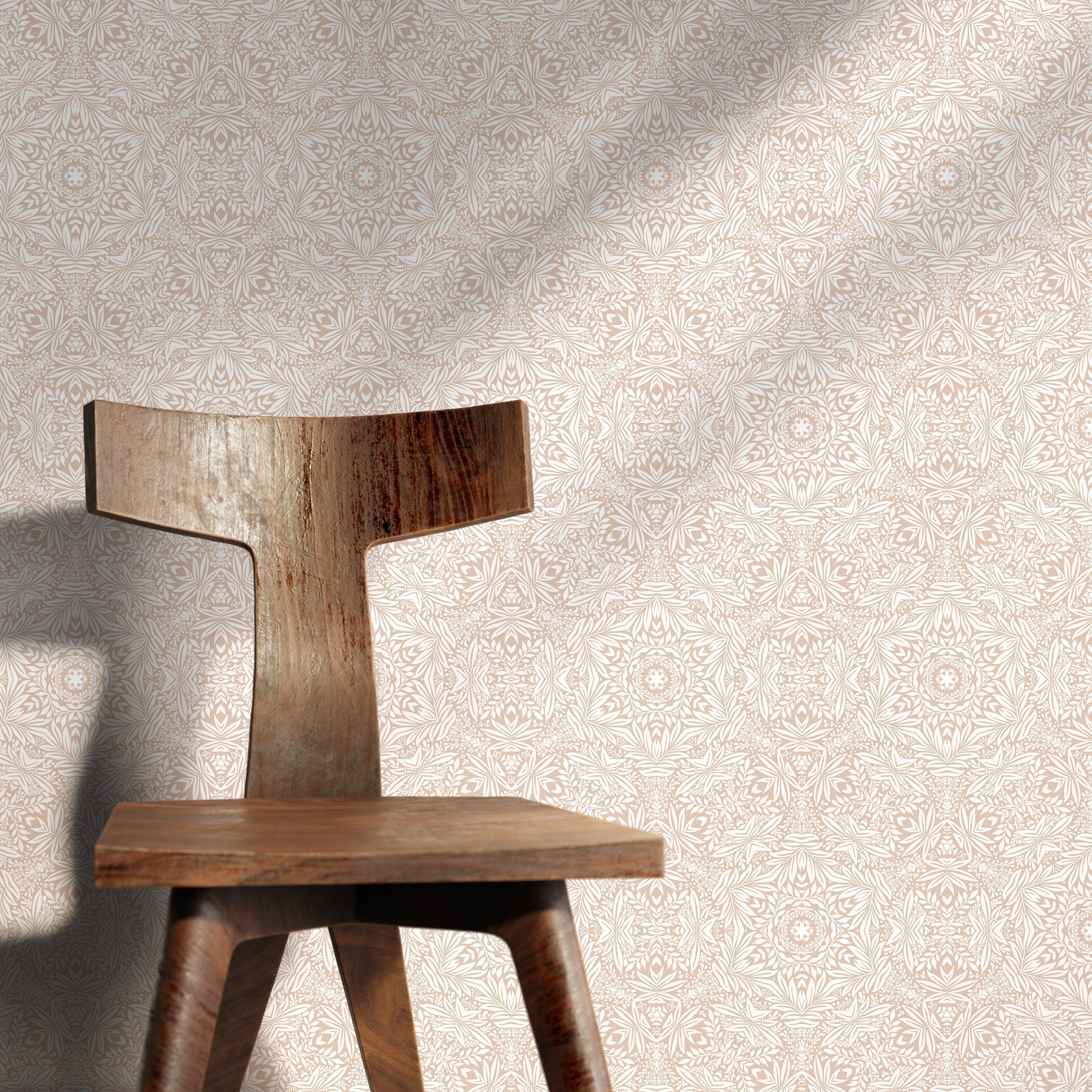 Damask Wallpaper With An Intricate Botanical Mandala Motif In Beige And White - X053