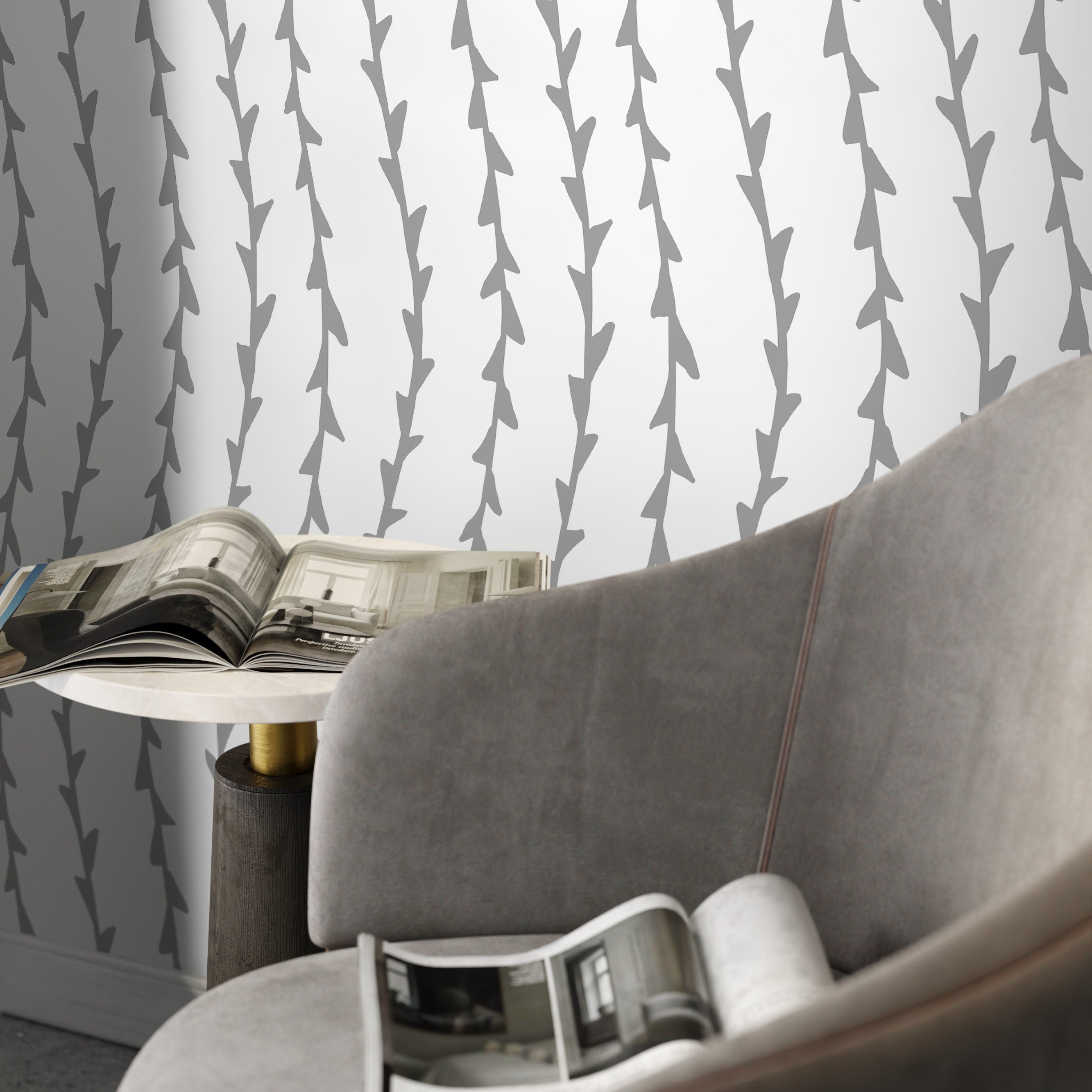 Botanical Wallpaper With A Minimalist Vine Stripe Motif In Grey - X055